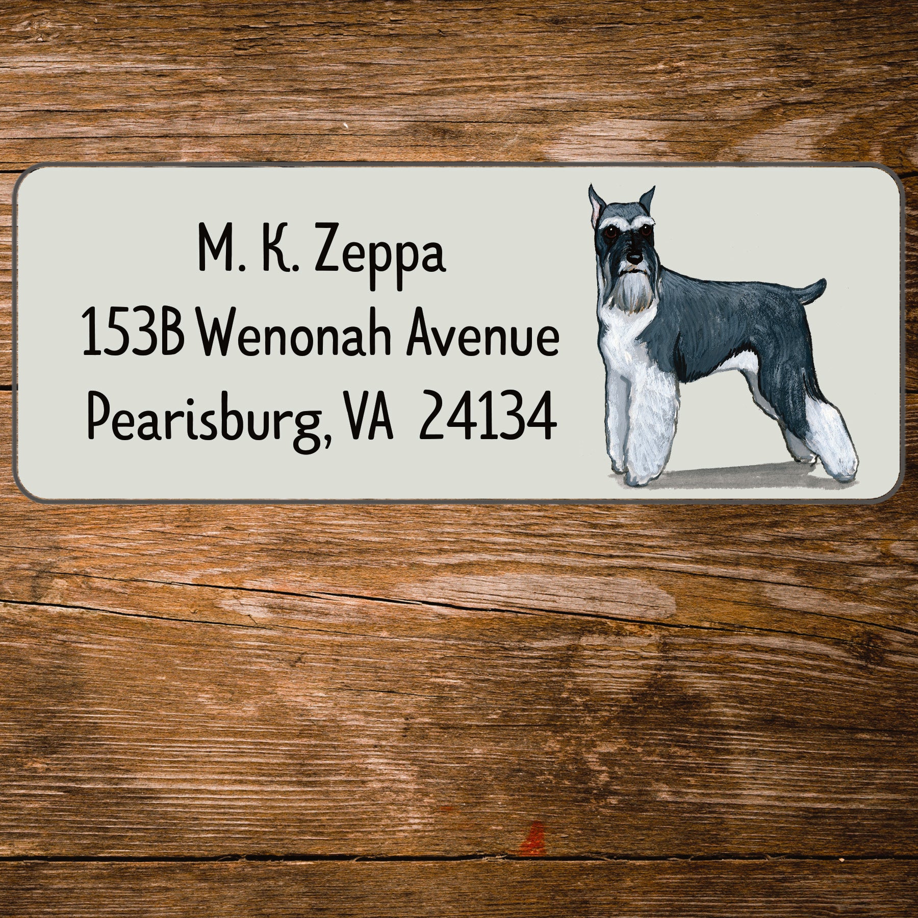Return address label with a Schnauzer illustration.