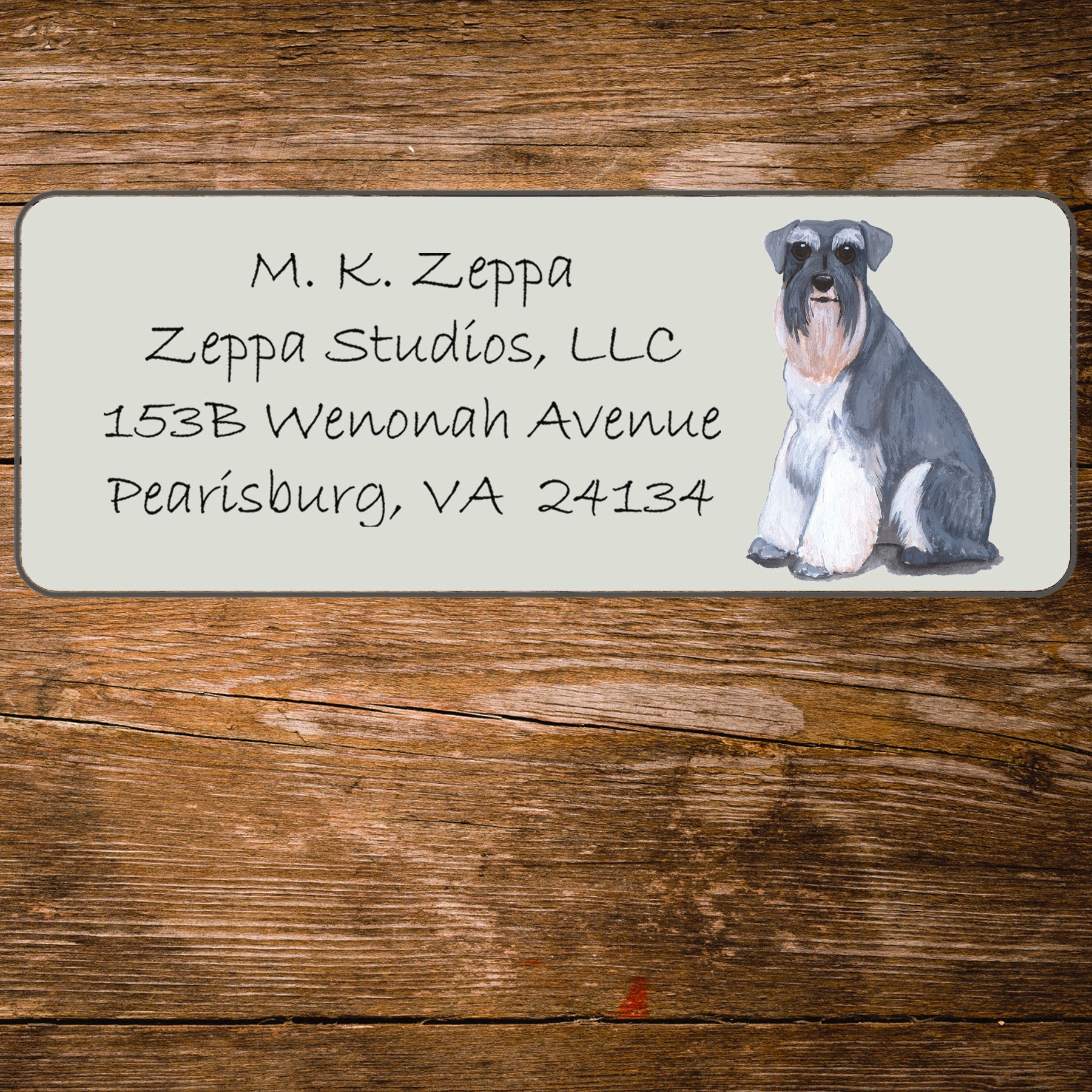 Return address label with a Schnauzer illustration.