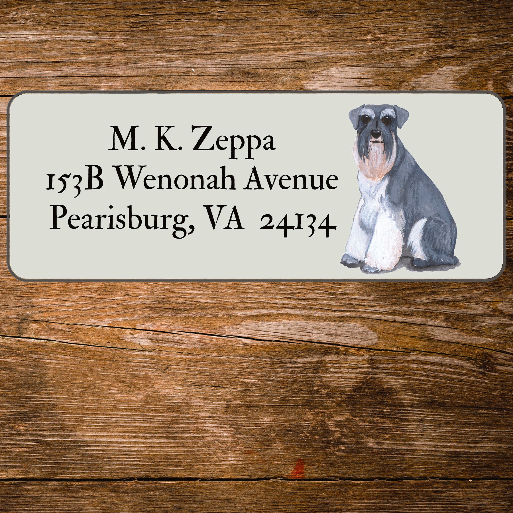 Return address label with a Schnauzer illustration.