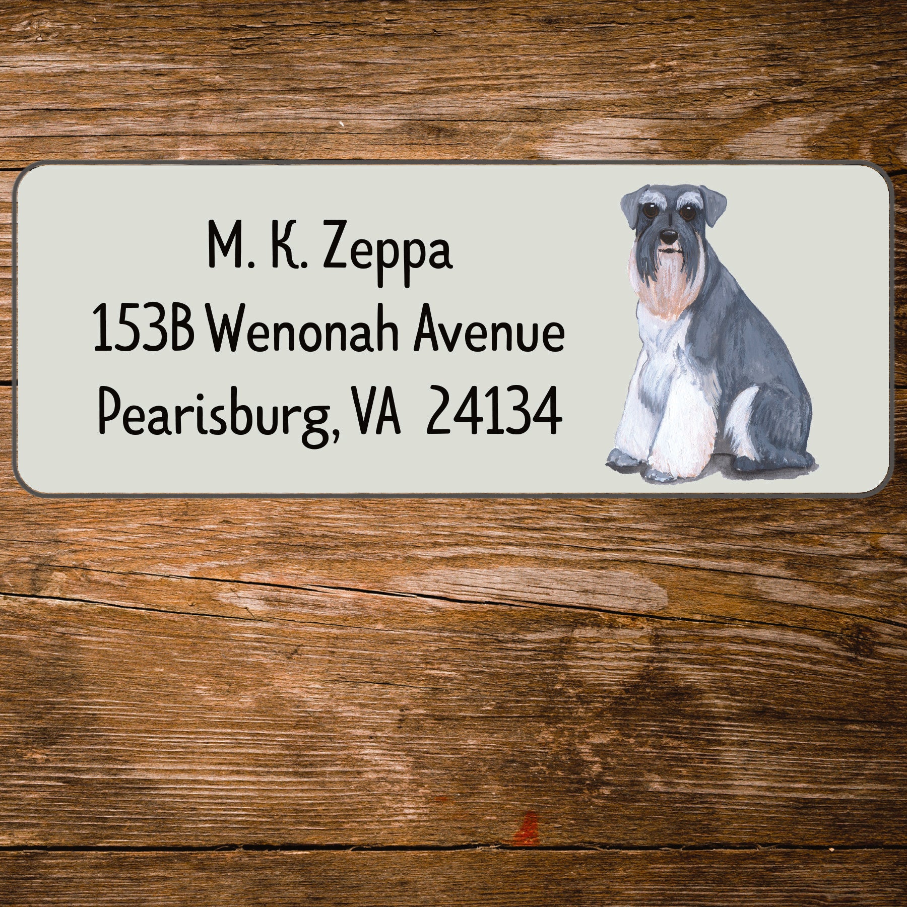 Return address label with a Schnauzer illustration.