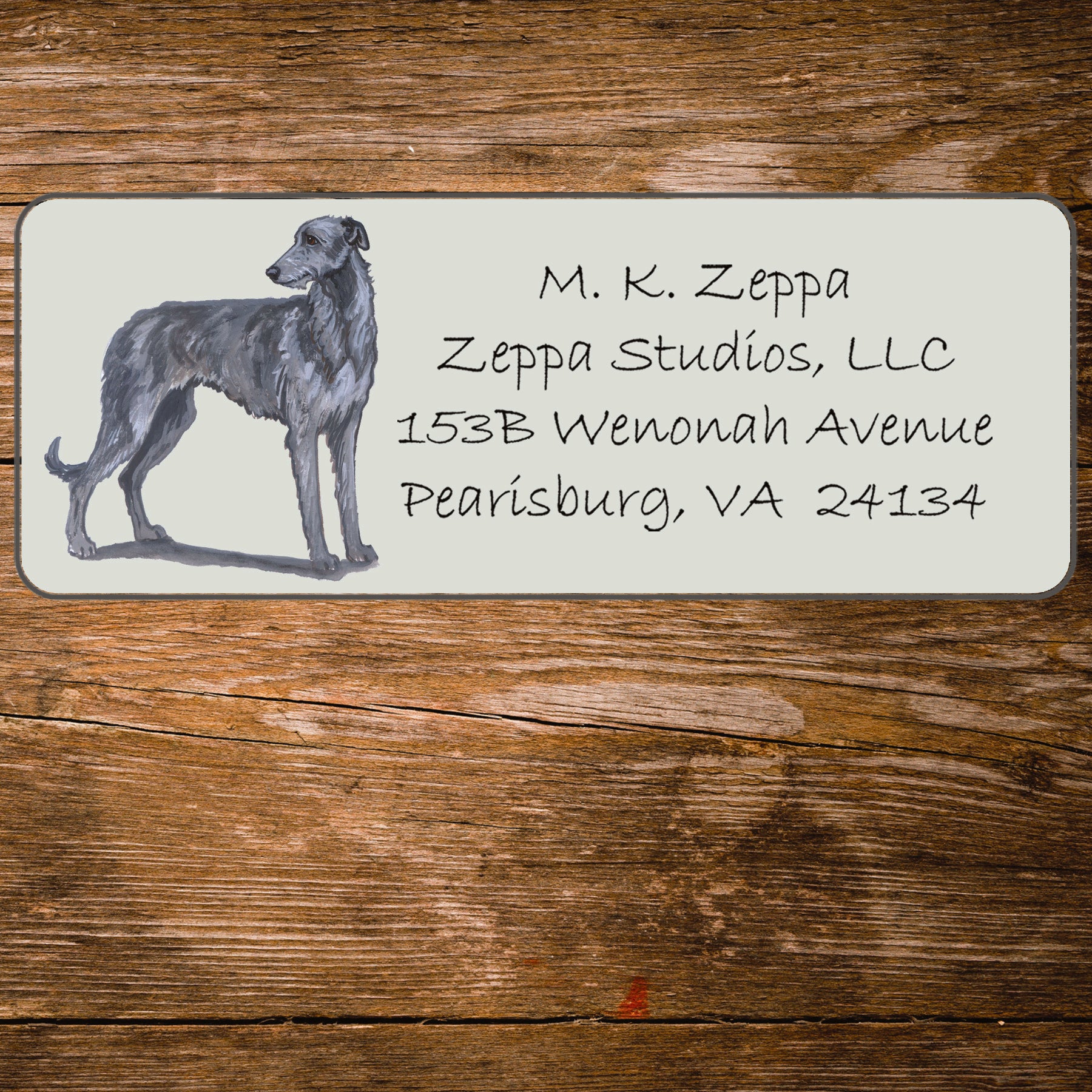 Return address label with a Scottish Deerhound illustration.