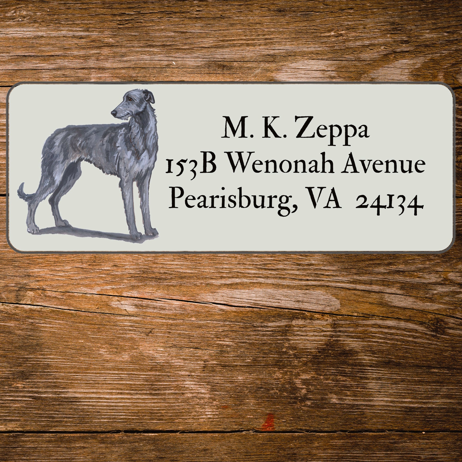 Return address label with a Scottish Deerhound illustration.
