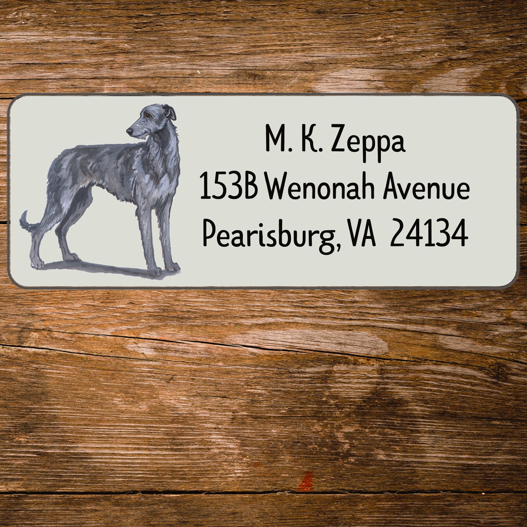 Return address label with a Scottish Deerhound illustration.