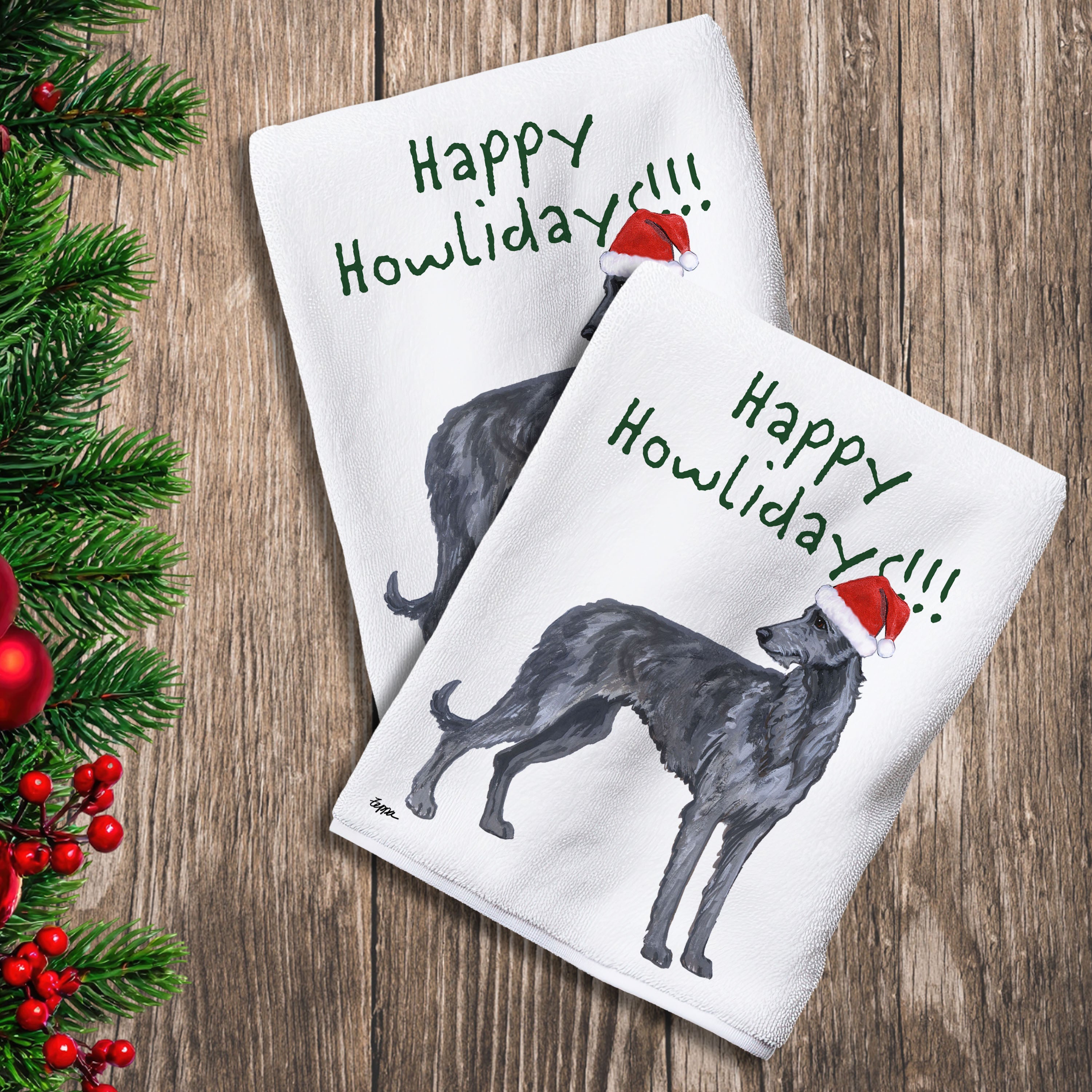 2 Kitchen Towels with a Scottish Deerhound in a Santa Hat and Happy Howlidays text.
