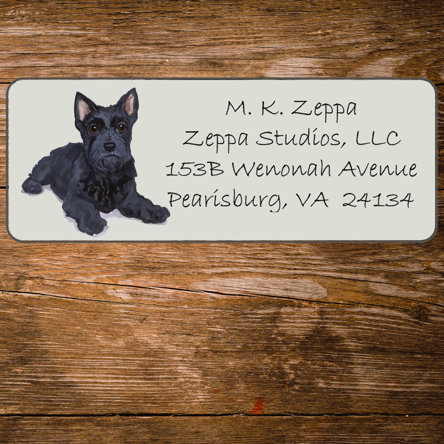 Return address label with a Scottish Terrier illustration.