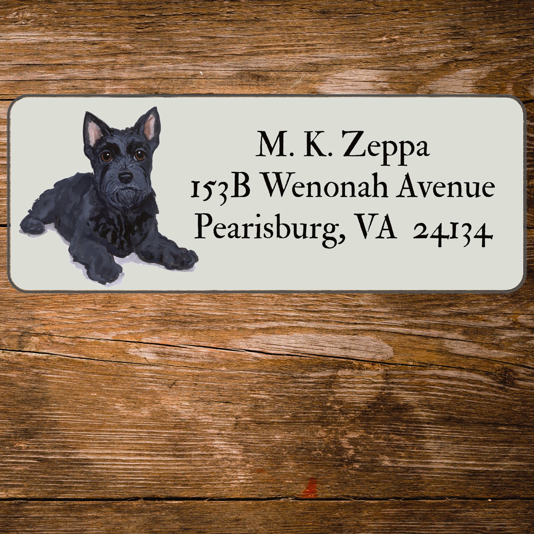 Return address label with a Scottish Terrier illustration.