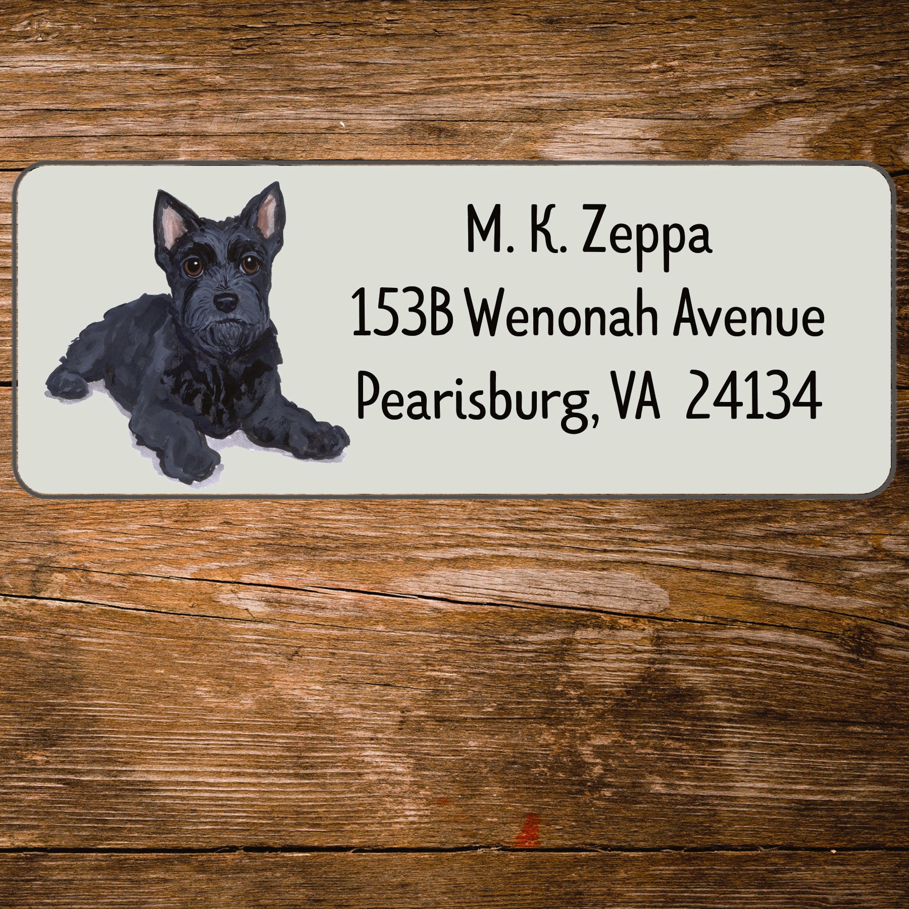 Return address label with a Scottish Terrier illustration.