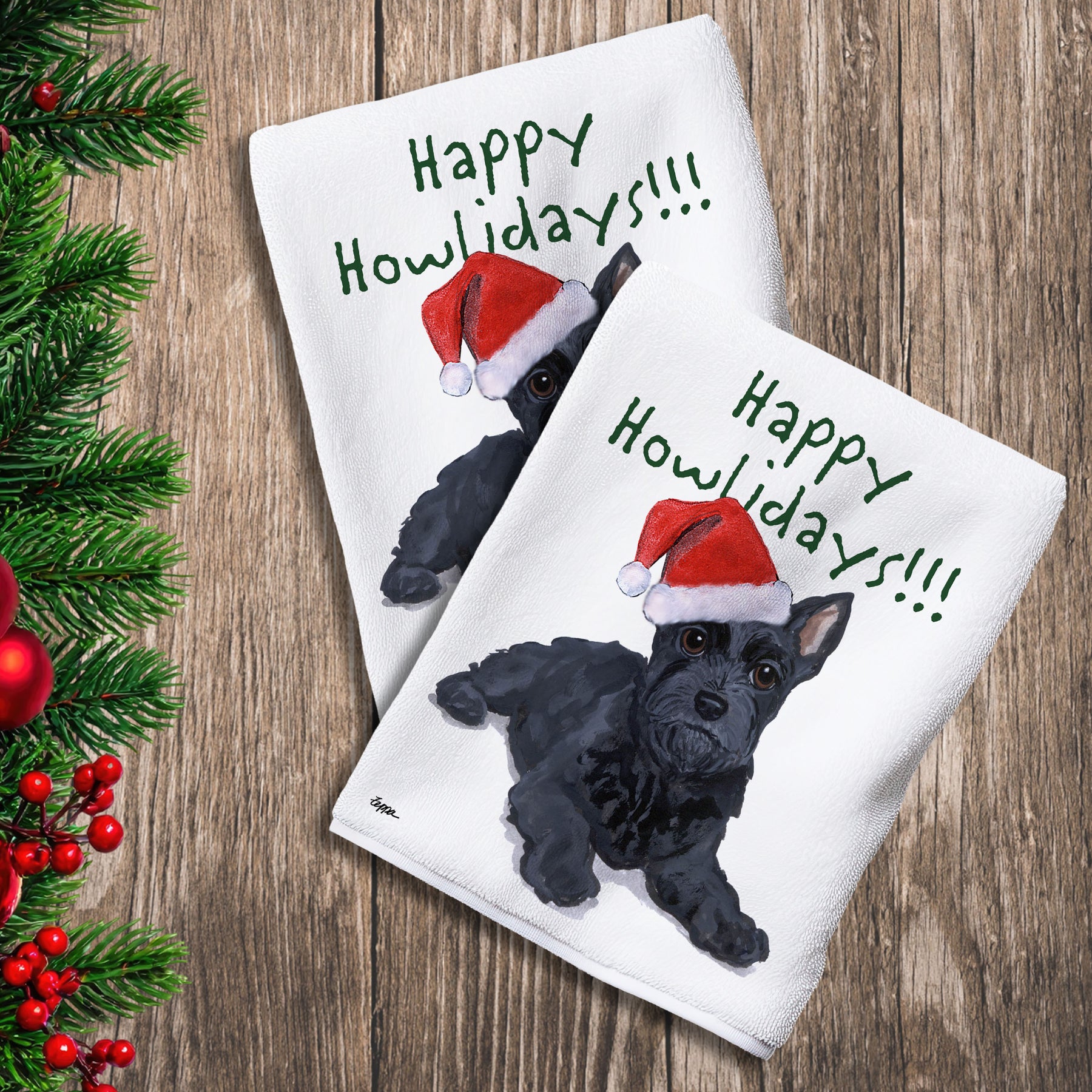 2 Kitchen Towels with a Scottish Terrier puppy in a Santa Hat and Happy Howlidays text.
