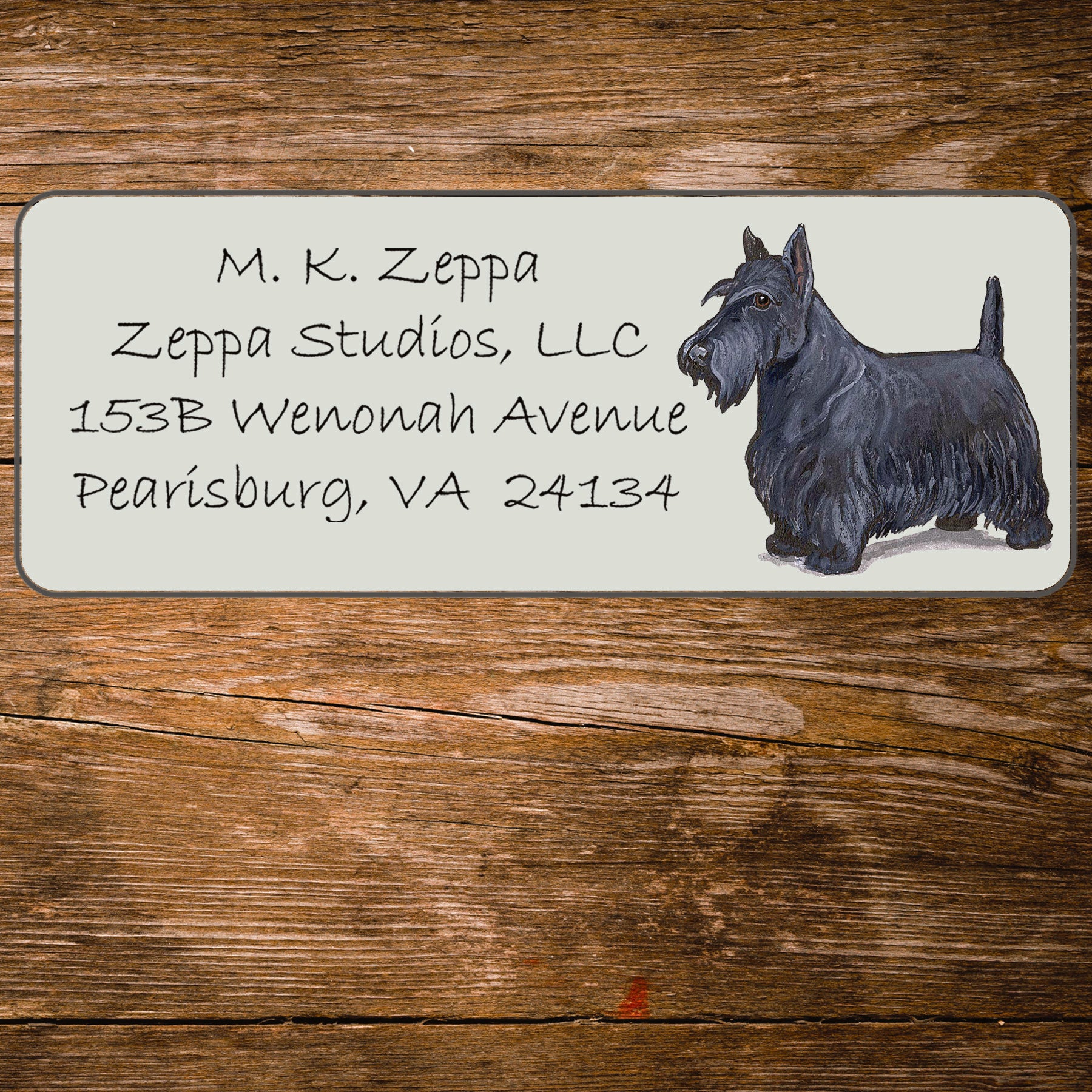 Return address label with a Scottish Terrier illustration.