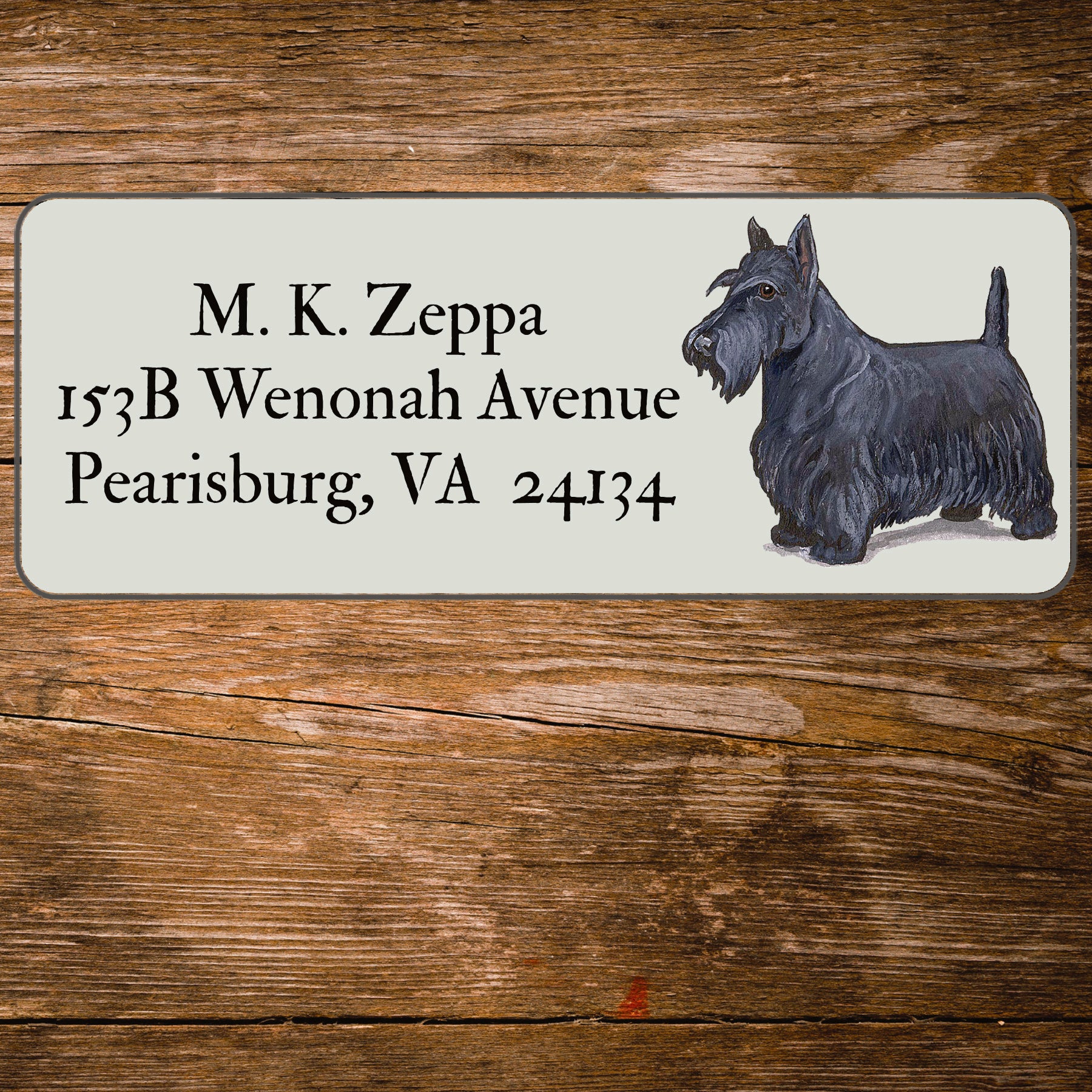 Return address label with a Scottish Terrier illustration.