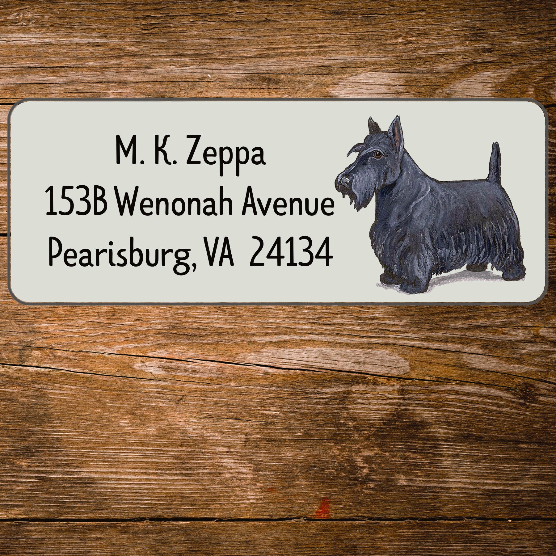 Return address label with a Scottish Terrier illustration.