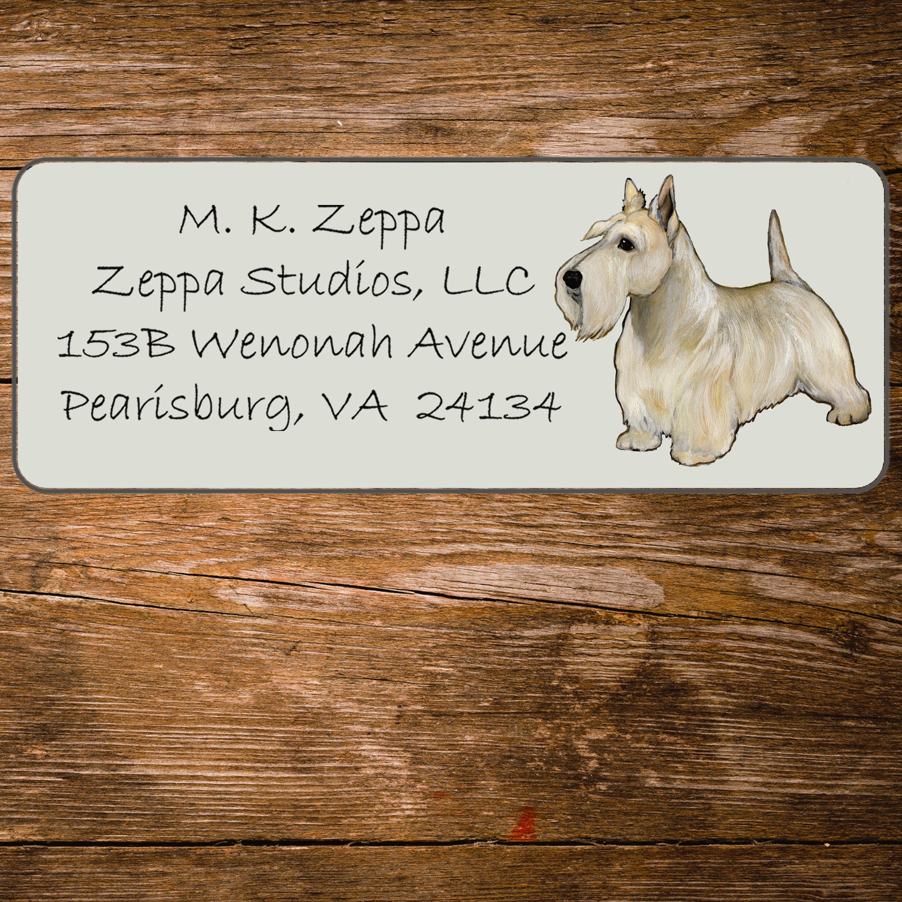 Return address label with a Scottish Terrier illustration.