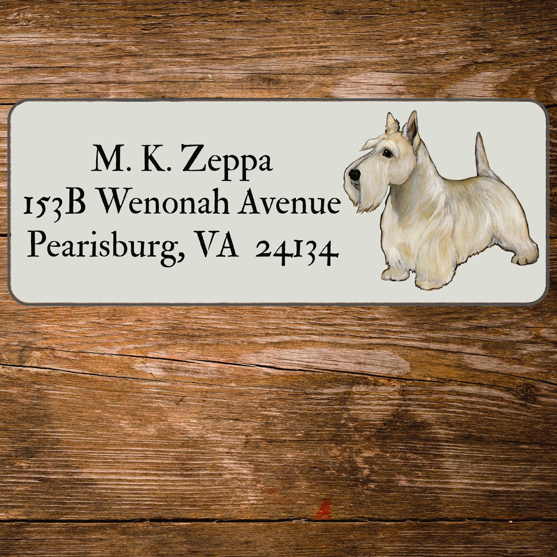 Return address label with a Scottish Terrier illustration.