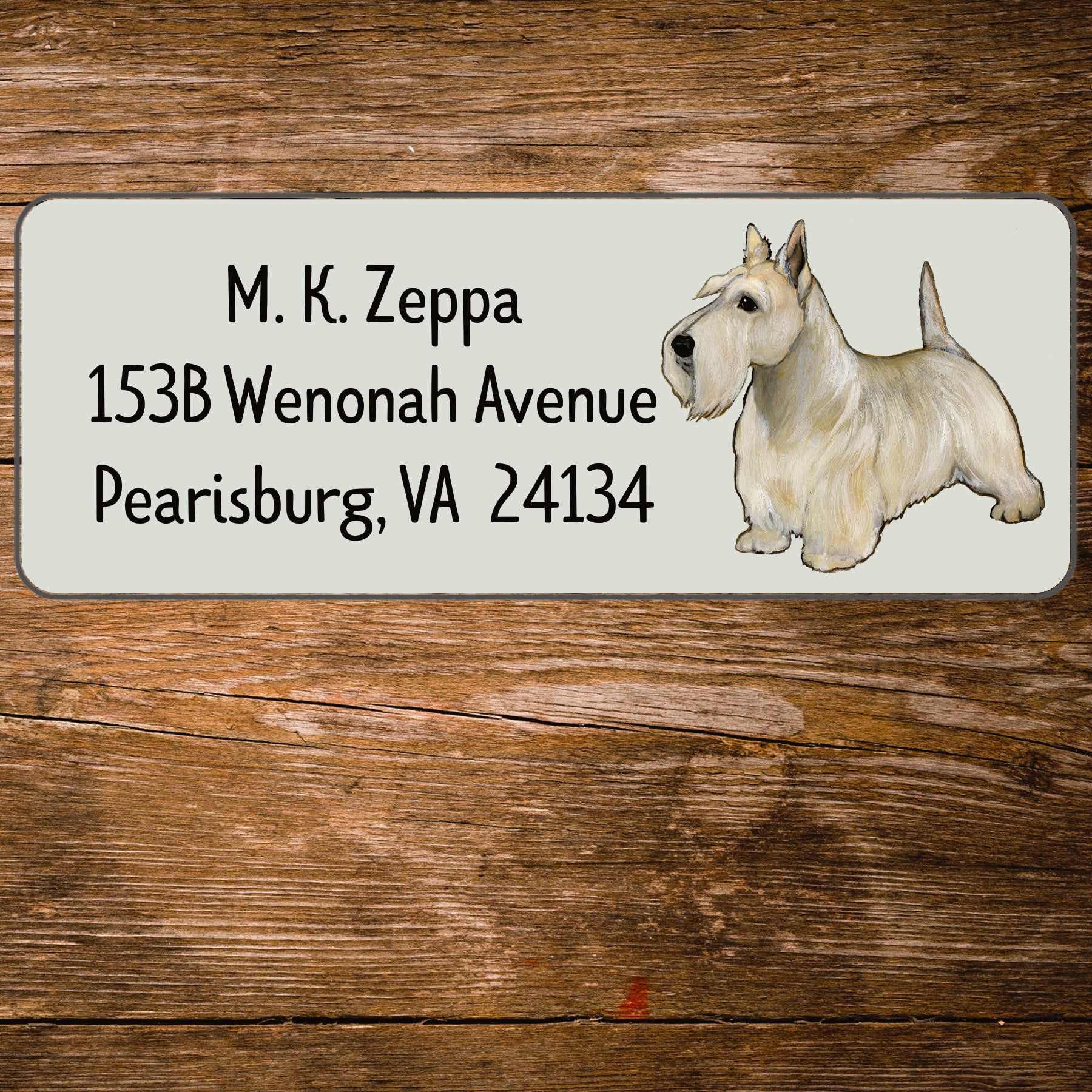 Return address label with a Scottish Terrier illustration.