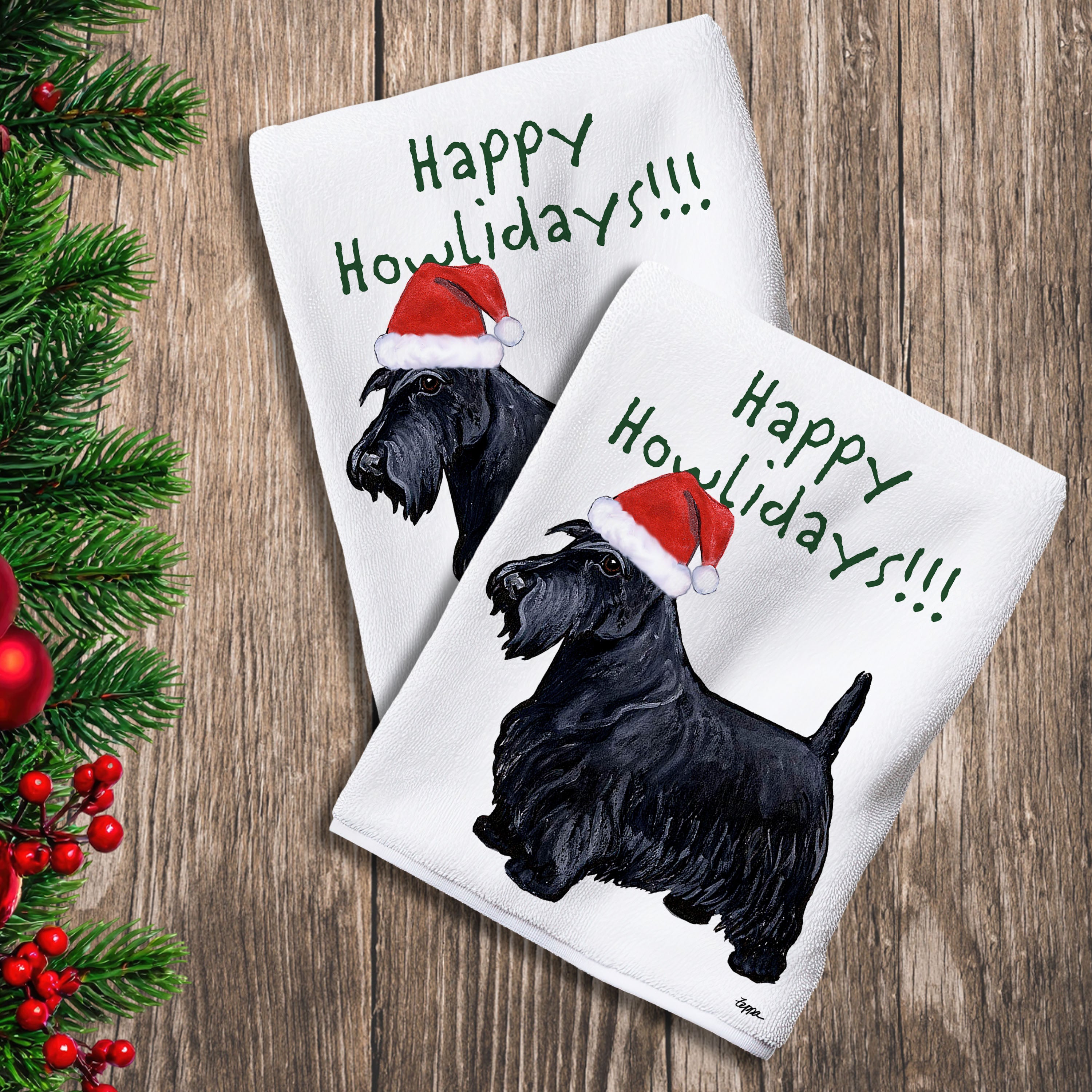 2 Kitchen Towels with a Scottish Terrier in a Santa Hat and Happy Howlidays text.
