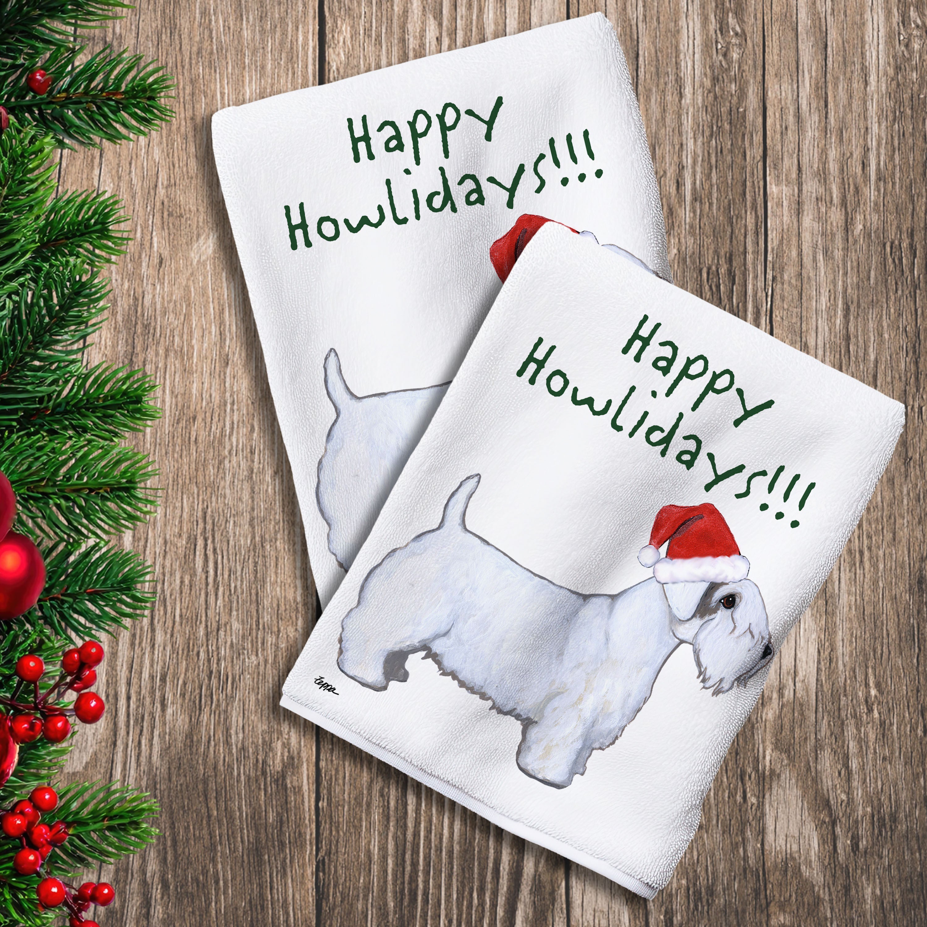 2 Kitchen Towels with a Sealyham Terrier in a Santa Hat and Happy Howlidays text.
