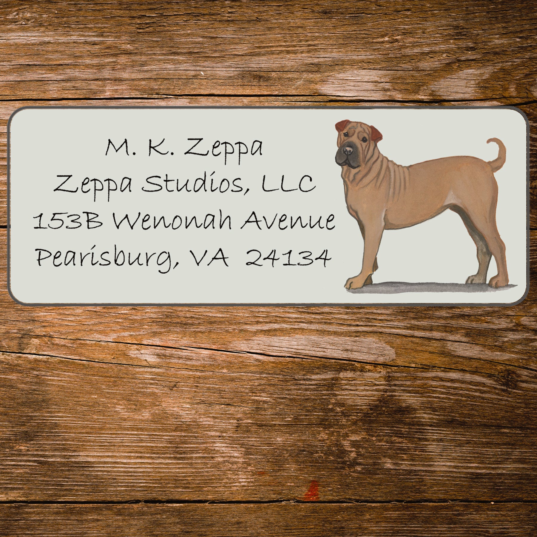 Return address label with a Chinese Sharpei illustration.