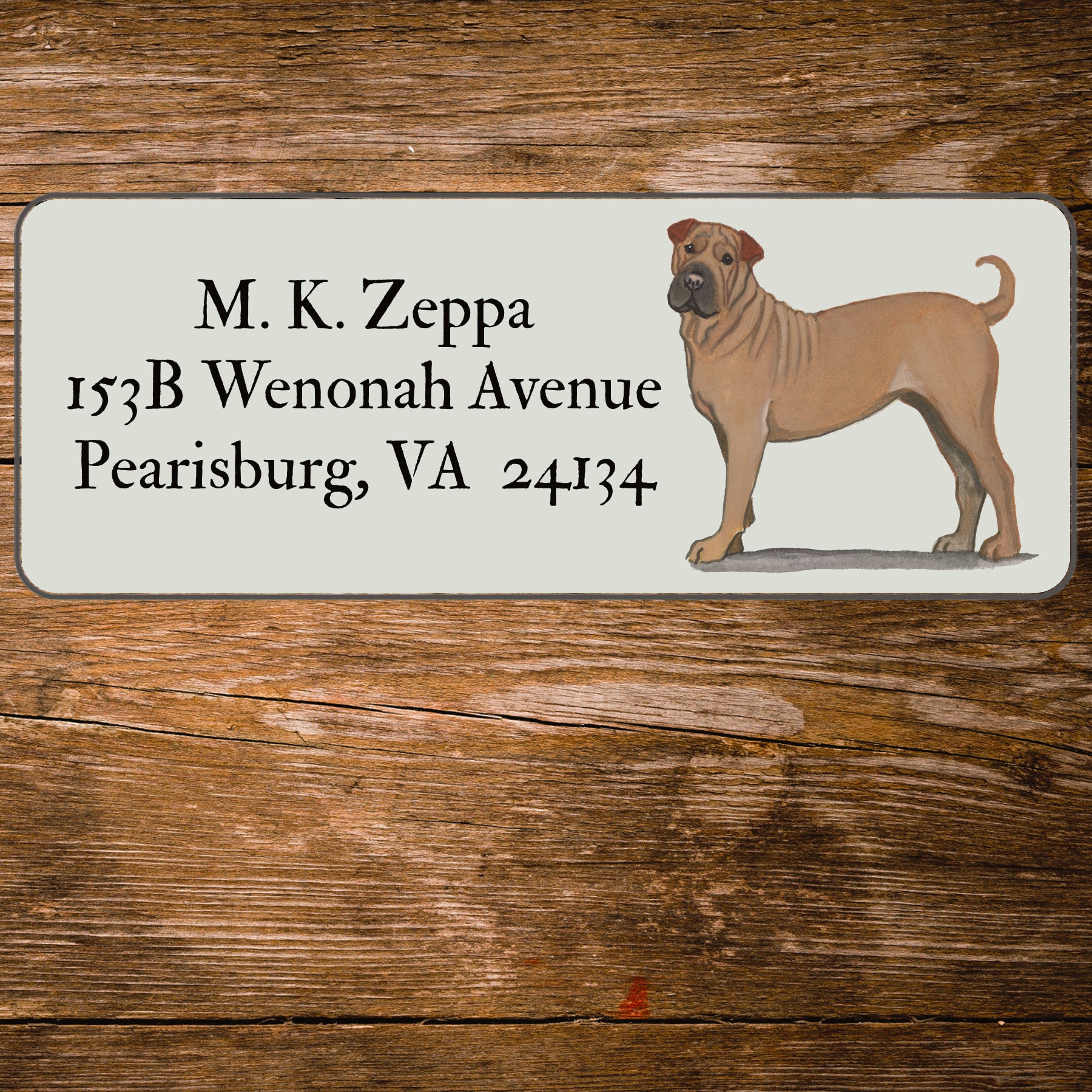 Return address label with a Chinese Sharpei illustration.