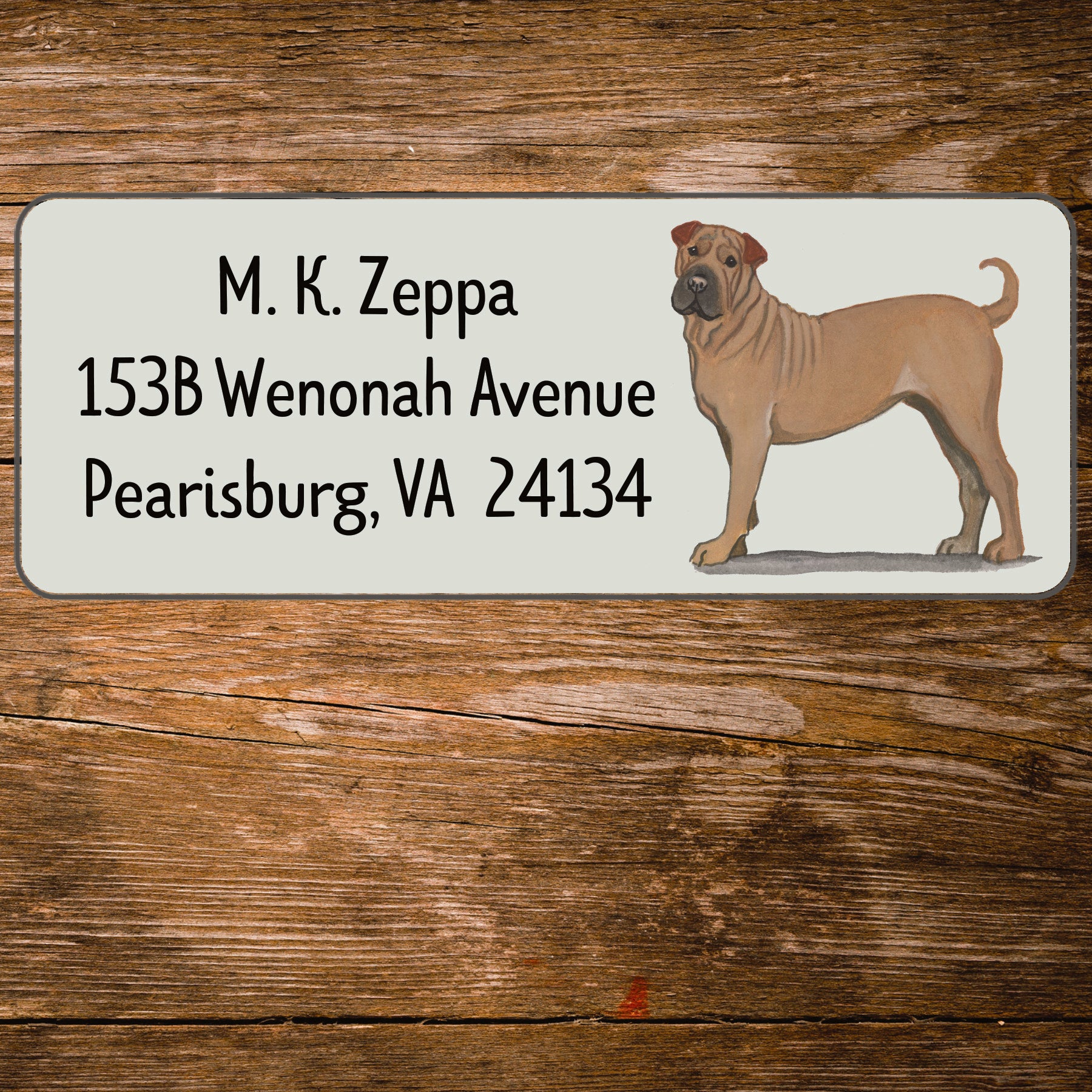 Return address label with a Chinese Sharpei illustration.