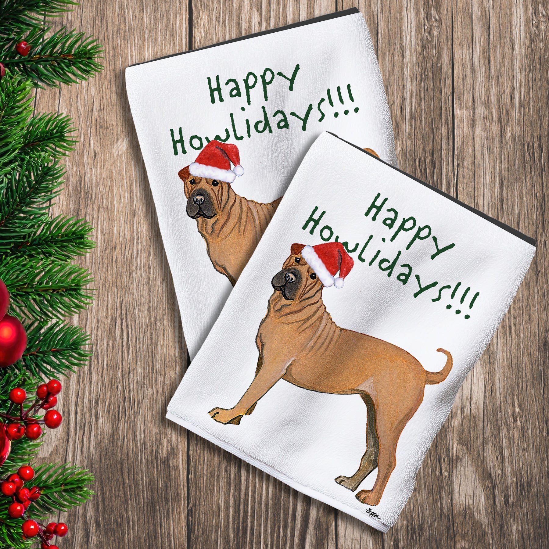 2 Kitchen Towels with a Shar Pei in a Santa Hat and Happy Howlidays text.
