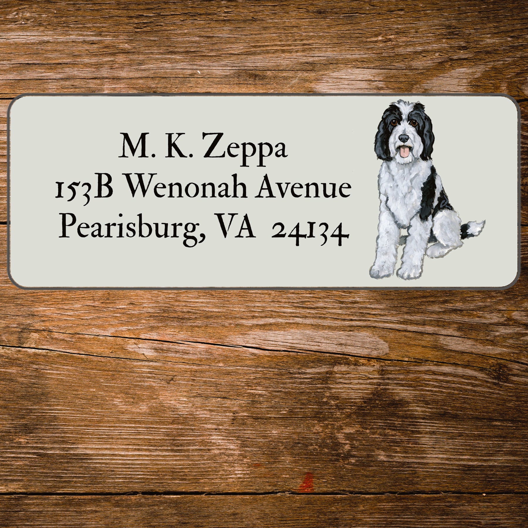 Return address label with an illustration of a Sheepadoodle