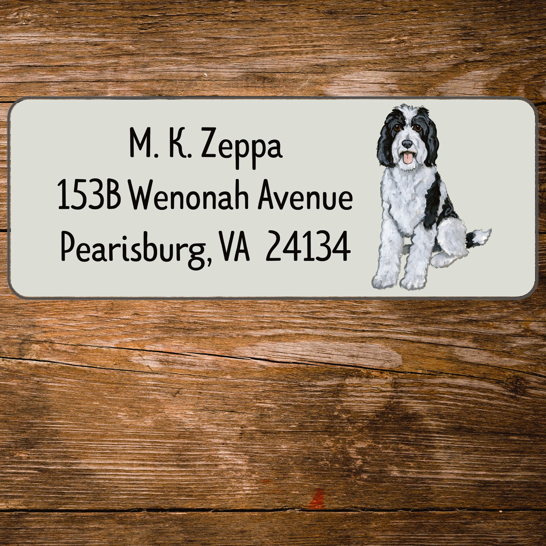 Return address label with an illustration of a Sheepadoodle
