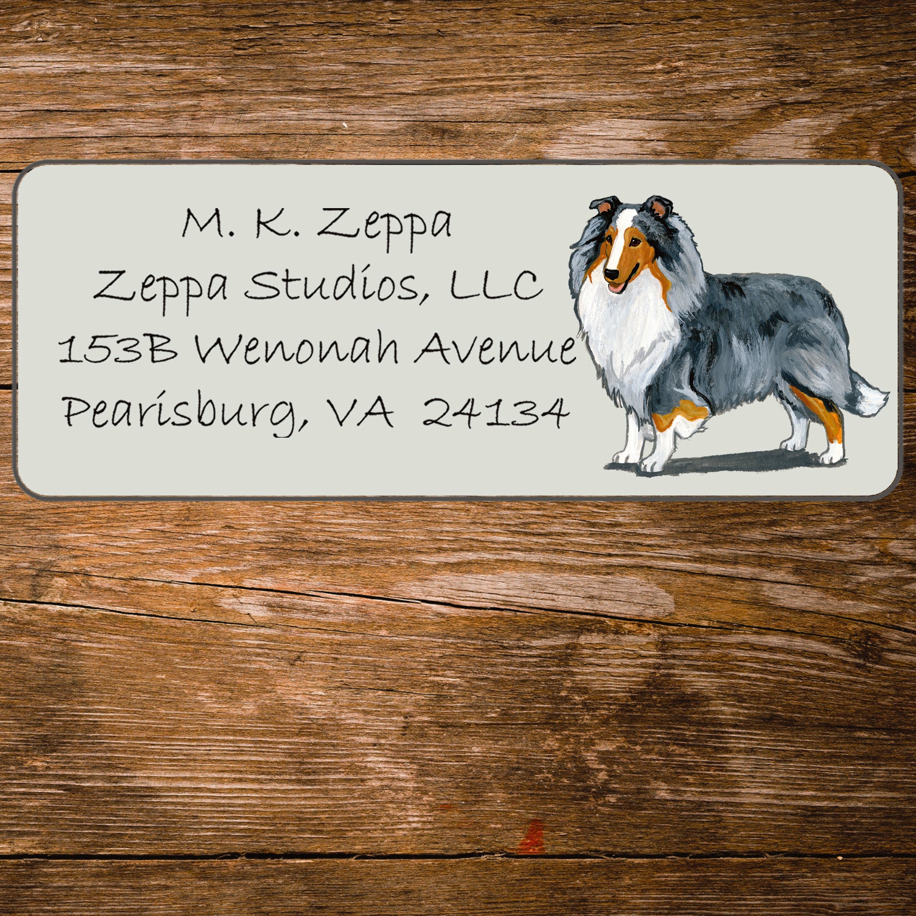 Return address label with a Shetland Sheepdog illustration.