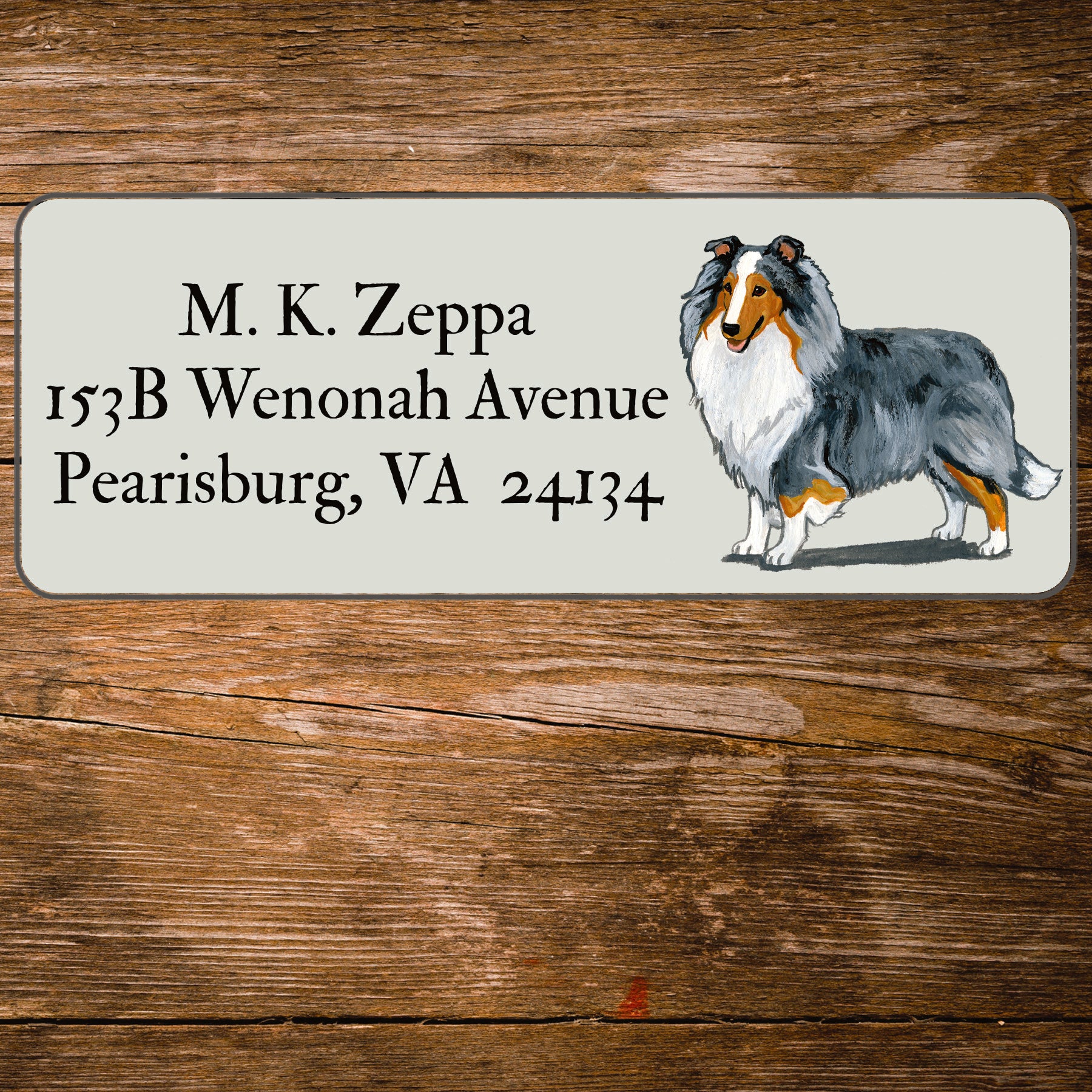 Return address label with a Shetland Sheepdog illustration.