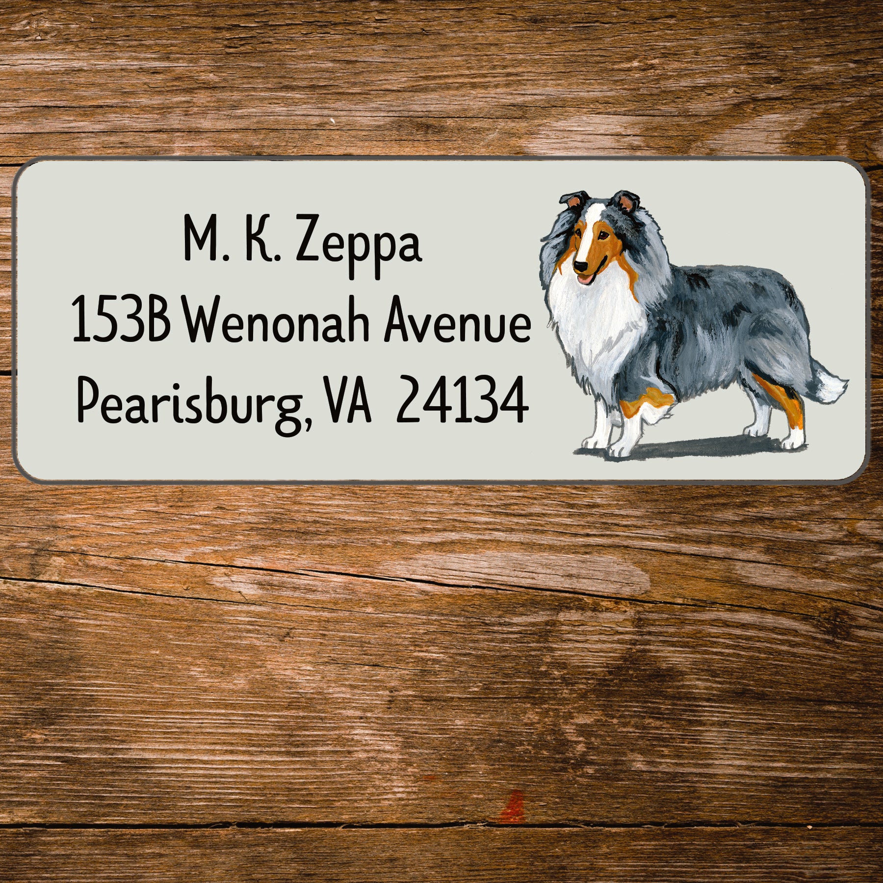 Return address label with a Shetland Sheepdog illustration.