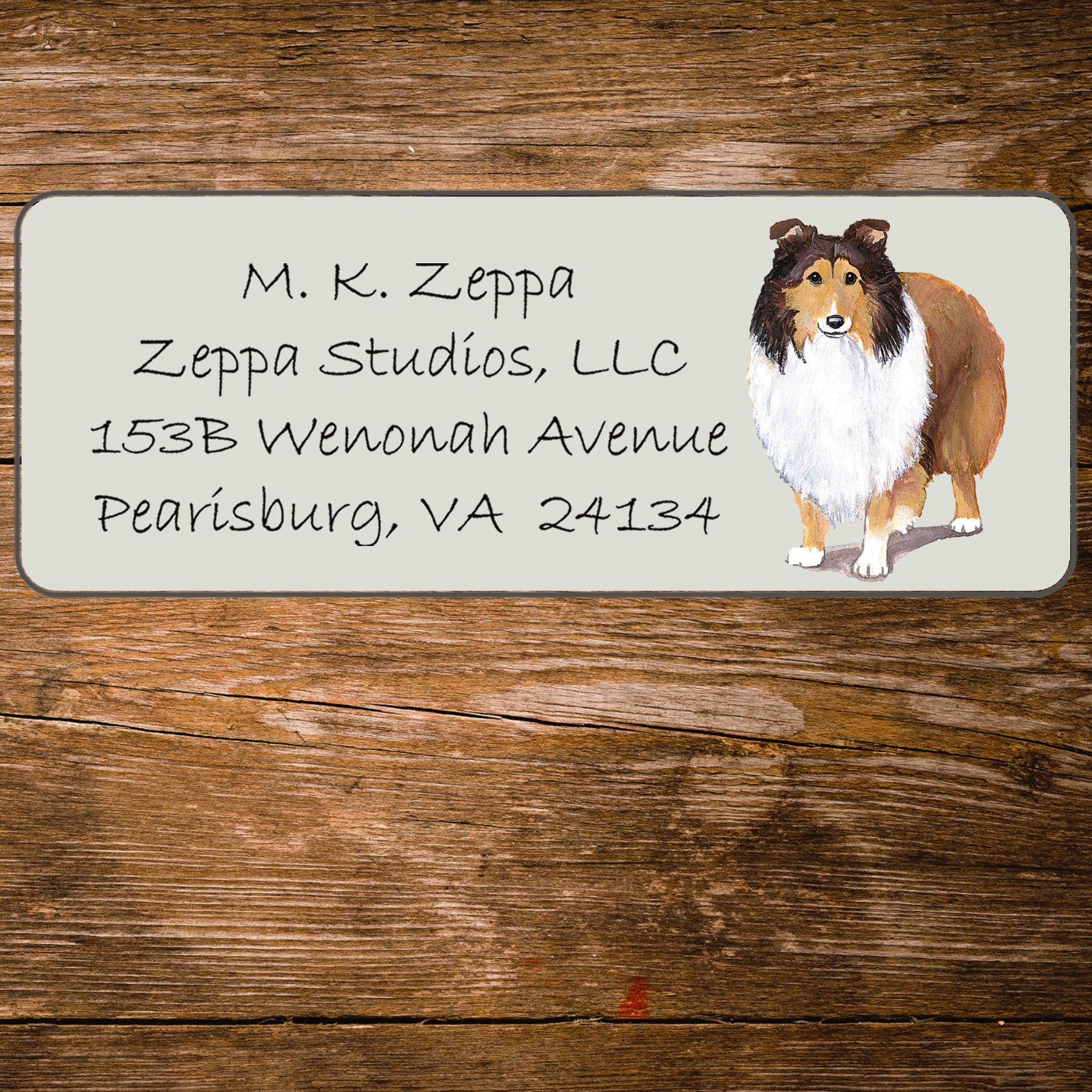 Return address label with a Shetland Sheepdog illustration.