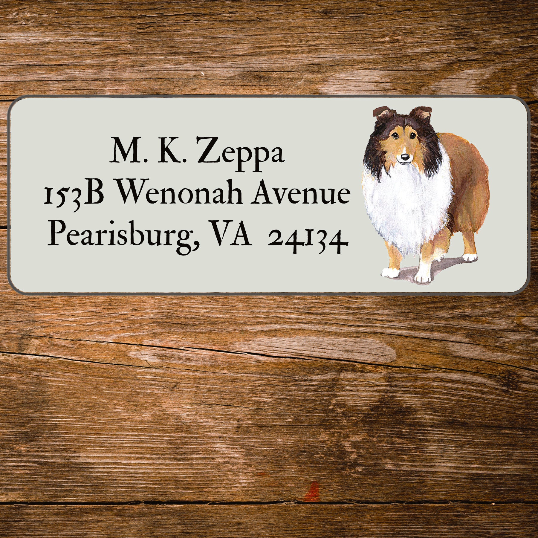 Return address label with a Shetland Sheepdog illustration.