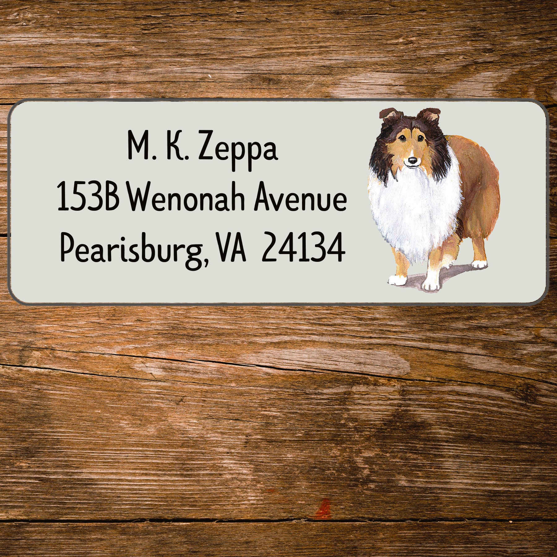 Return address label with a Shetland Sheepdog illustration.