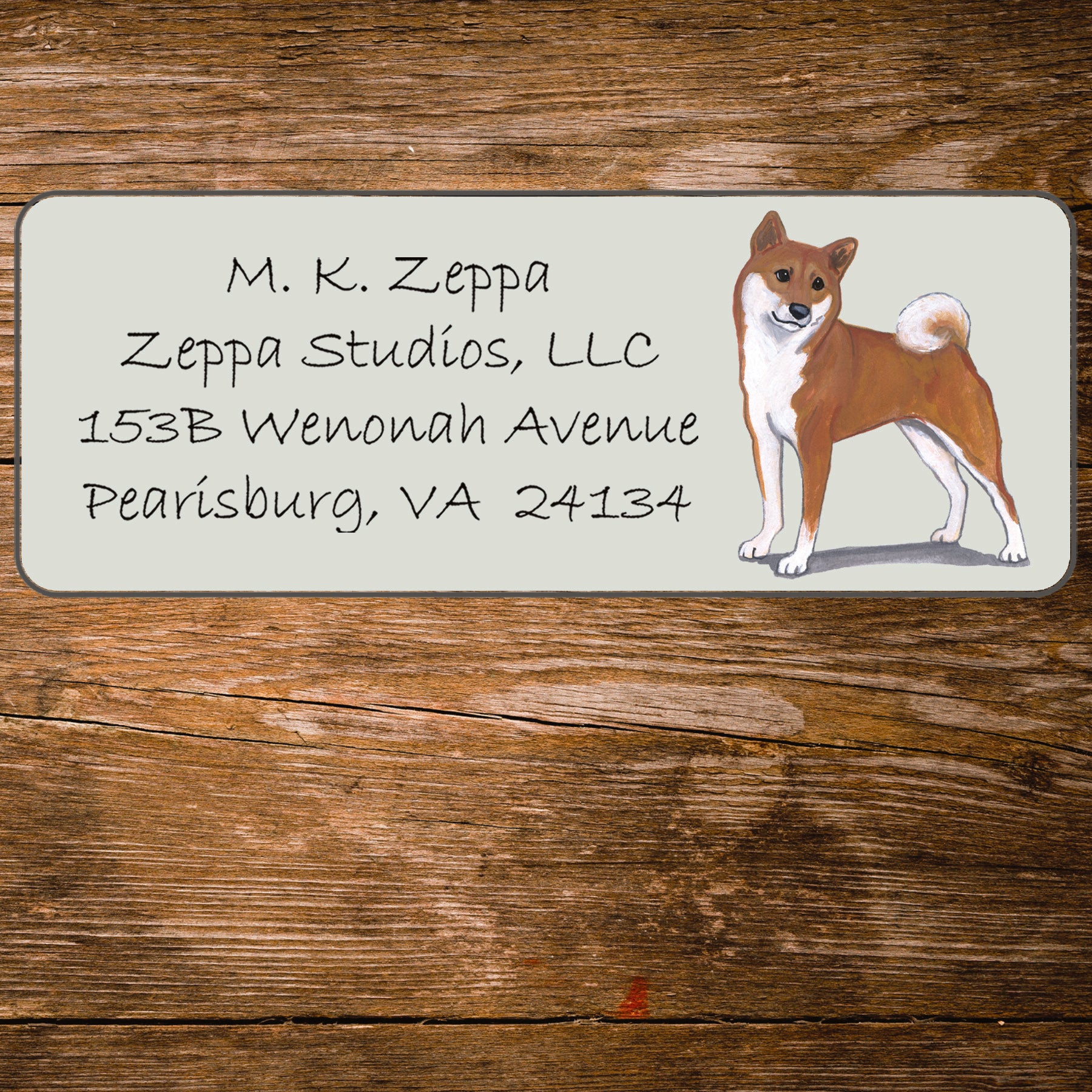 Return address label with a Shiba Inu illustration.