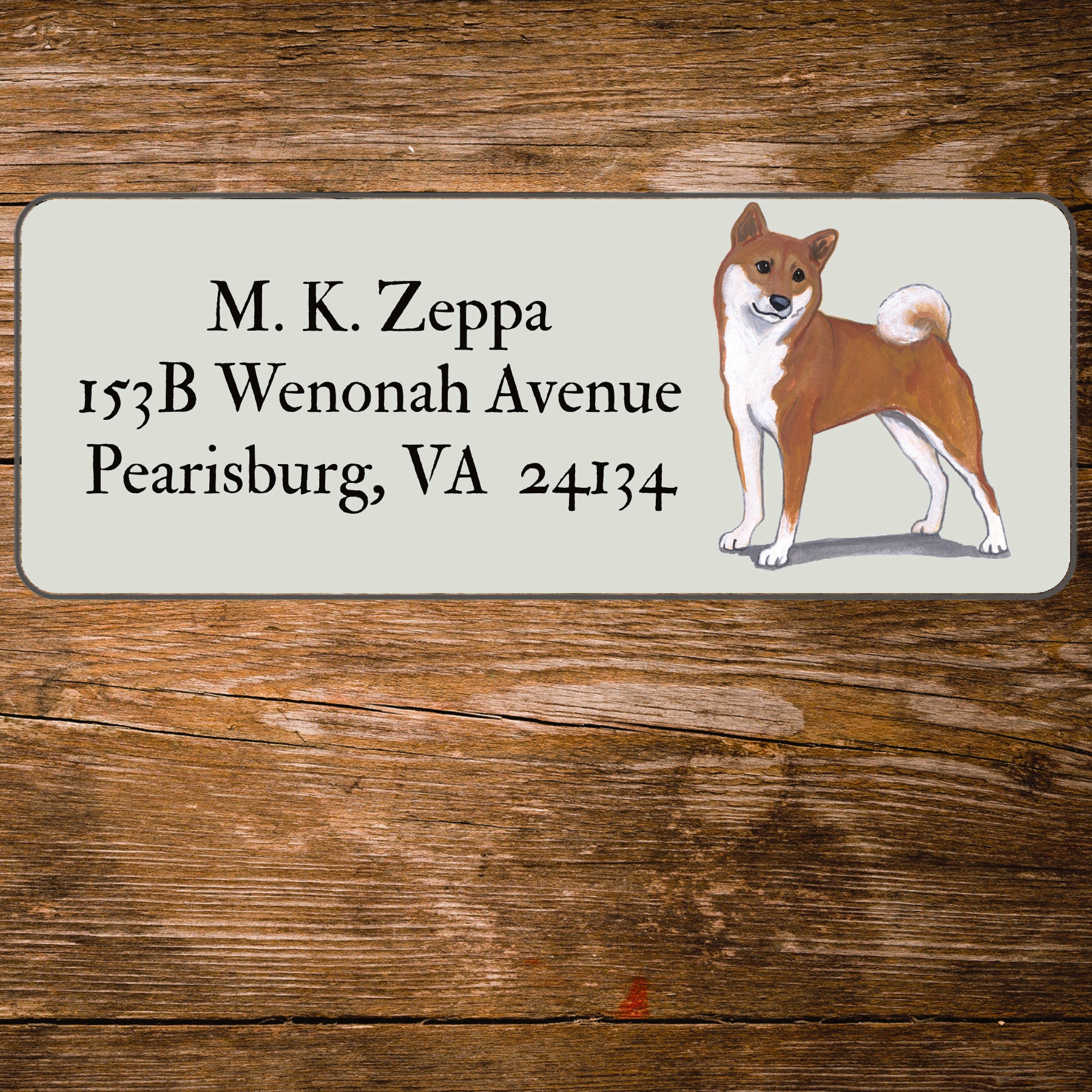 Return address label with a Shiba Inu illustration.