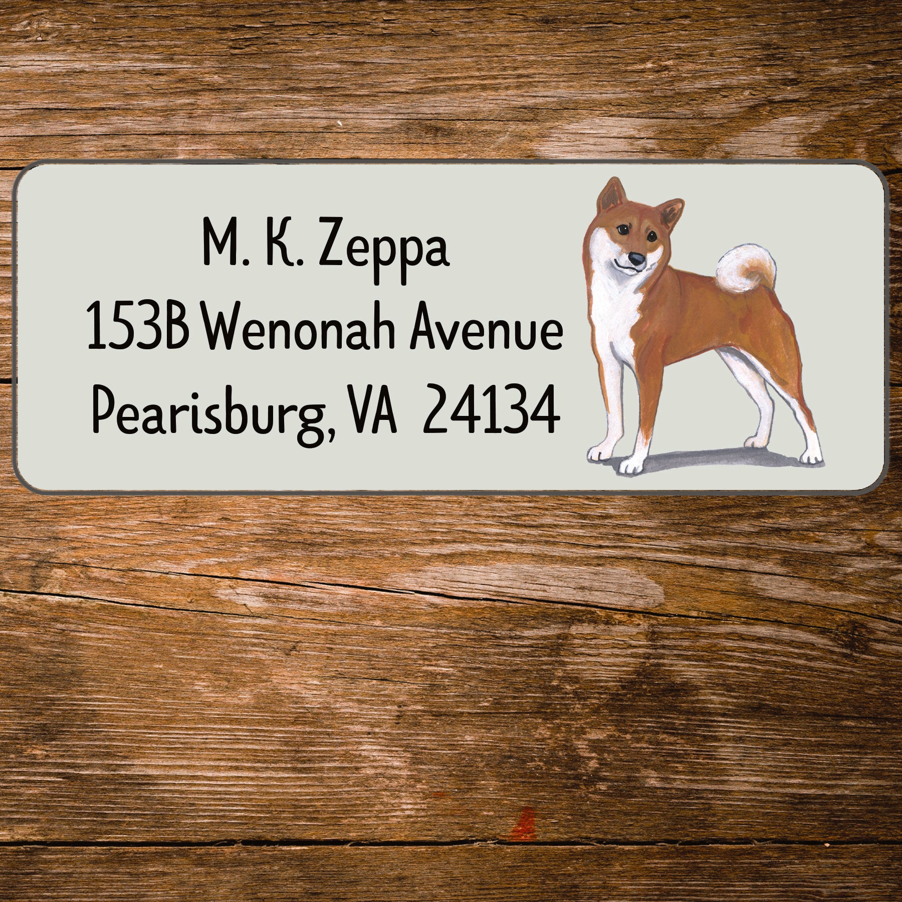 Return address label with a Shiba Inu illustration.