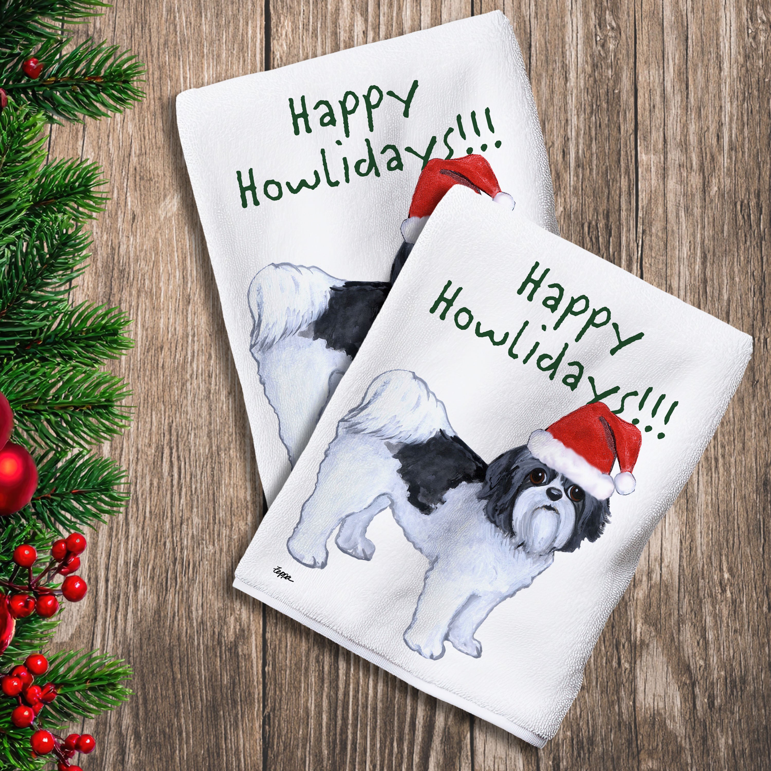 2 Kitchen Towels with a Shih Tzu with a puppy clip in a Santa Hat and Happy Howlidays text.
