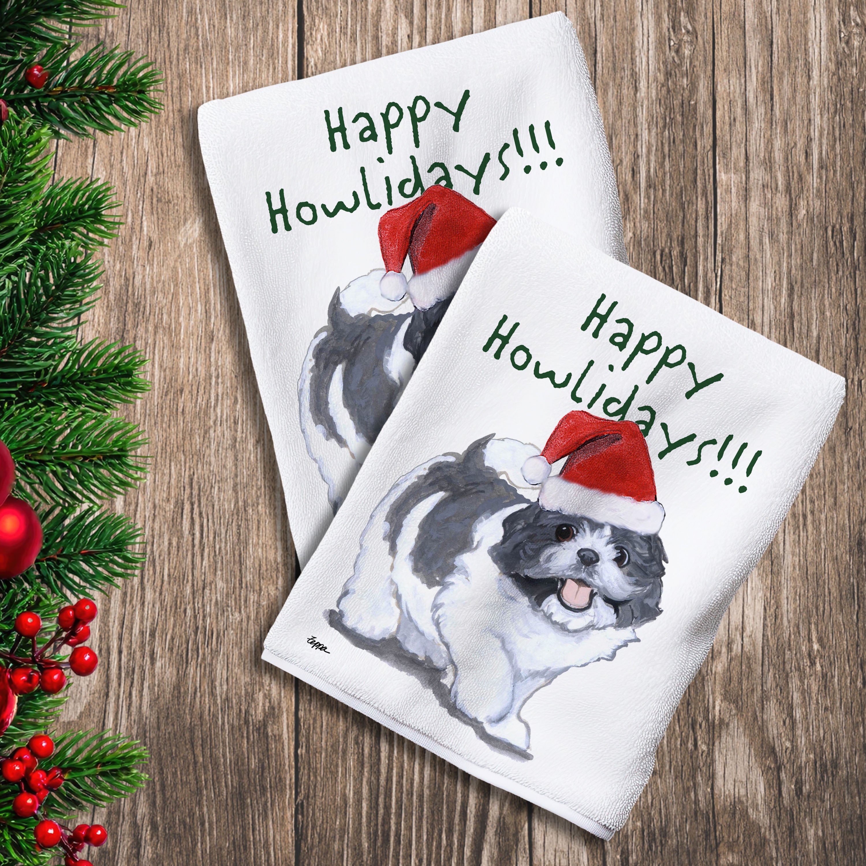 2 Kitchen Towels with a Shih Tzu puppy in a Santa Hat and Happy Howlidays text.
