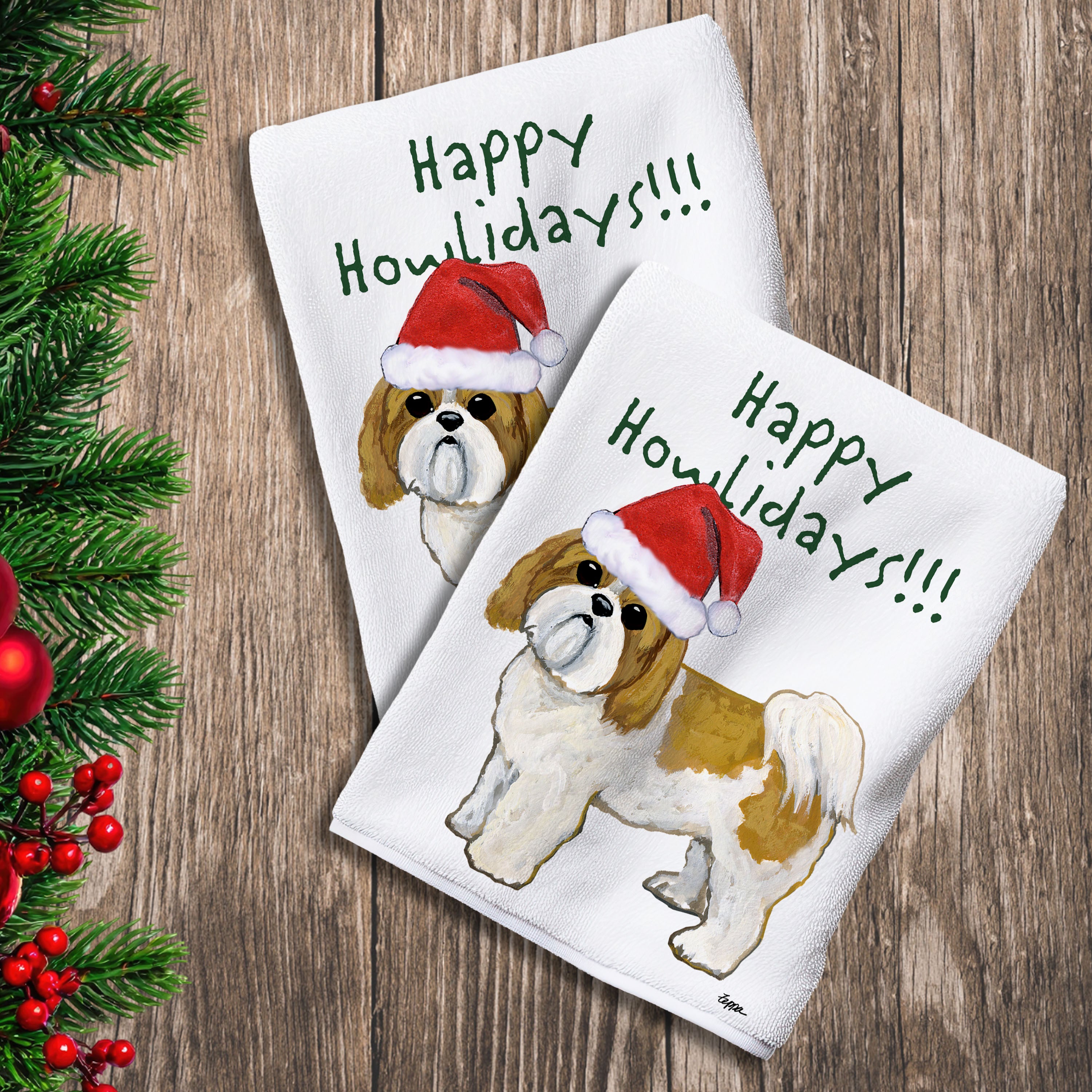 2 Kitchen Towels with a tan and white Shih Tzu with a puppy clip in a Santa Hat and Happy Howlidays text.
