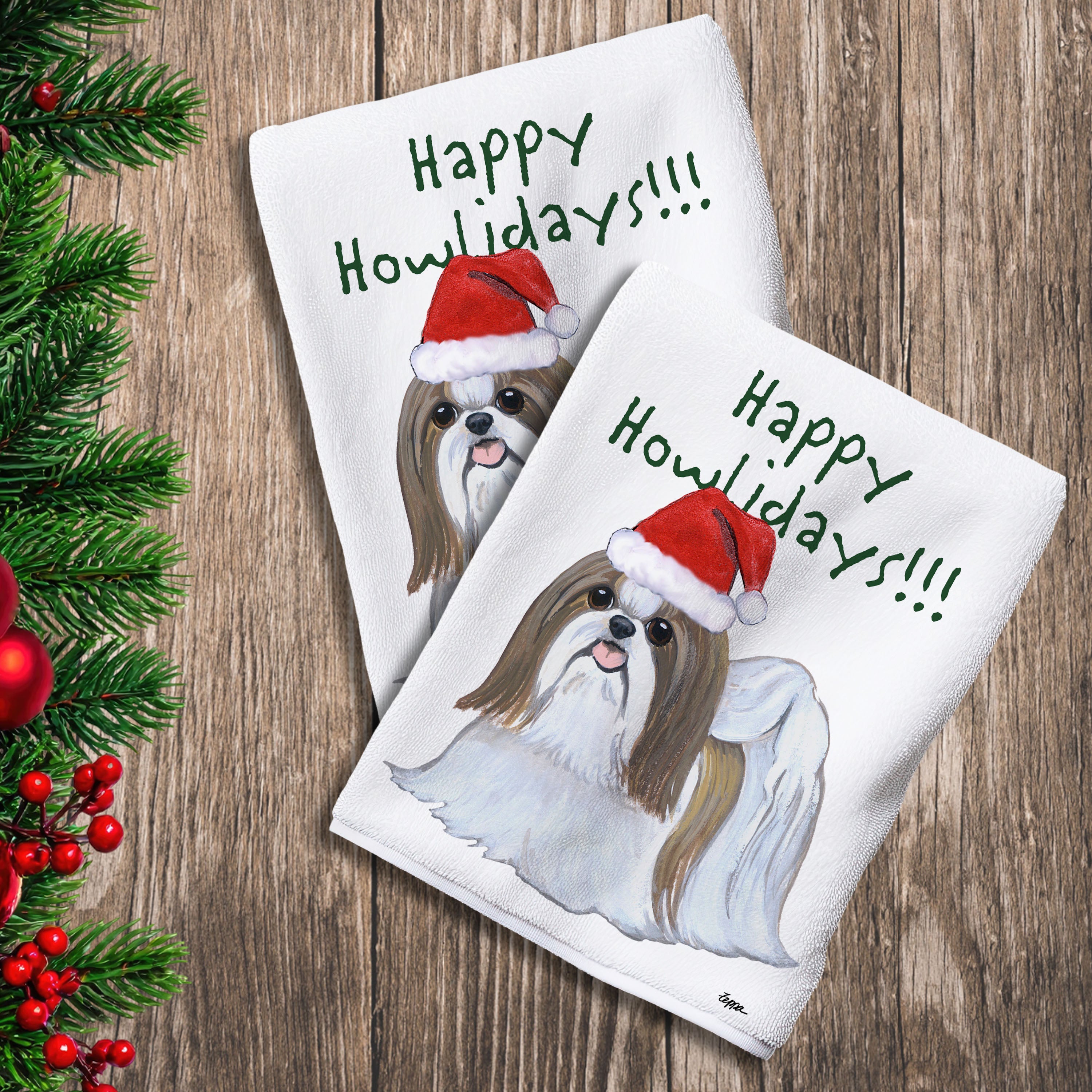 2 Kitchen Towels with a tan and white Shih Tzu in a Santa Hat and Happy Howlidays text.
