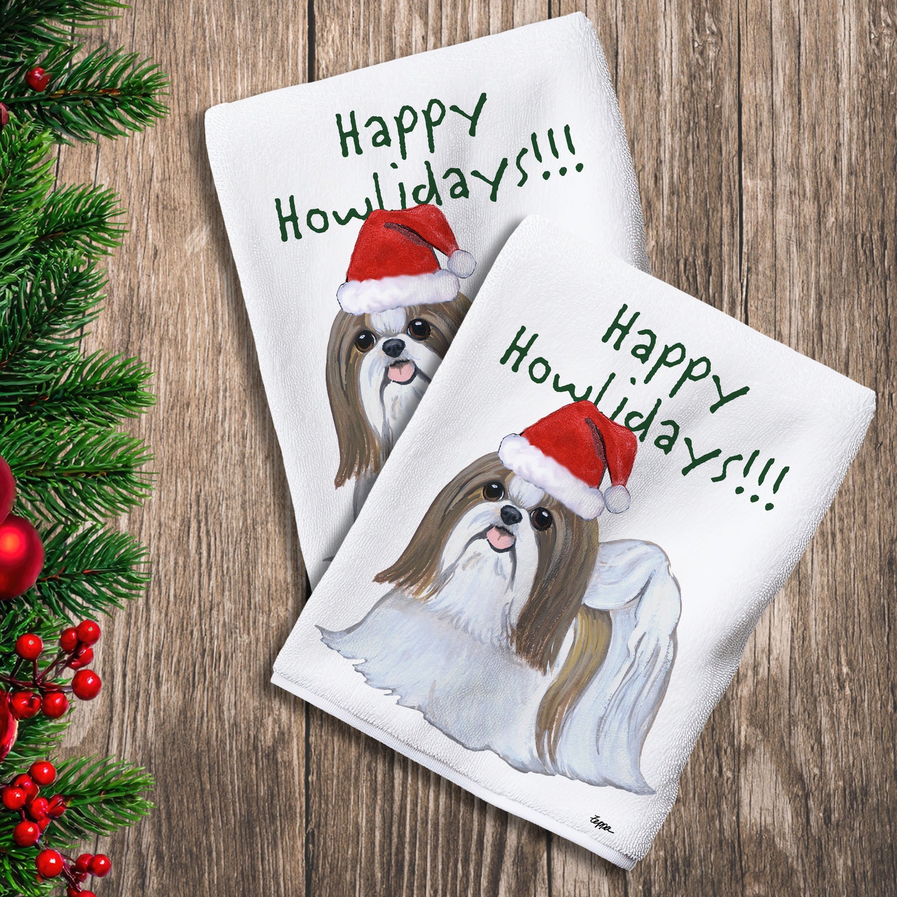 2 Kitchen Towels with a tan and white Shih Tzu in a Santa Hat and Happy Howlidays text.
