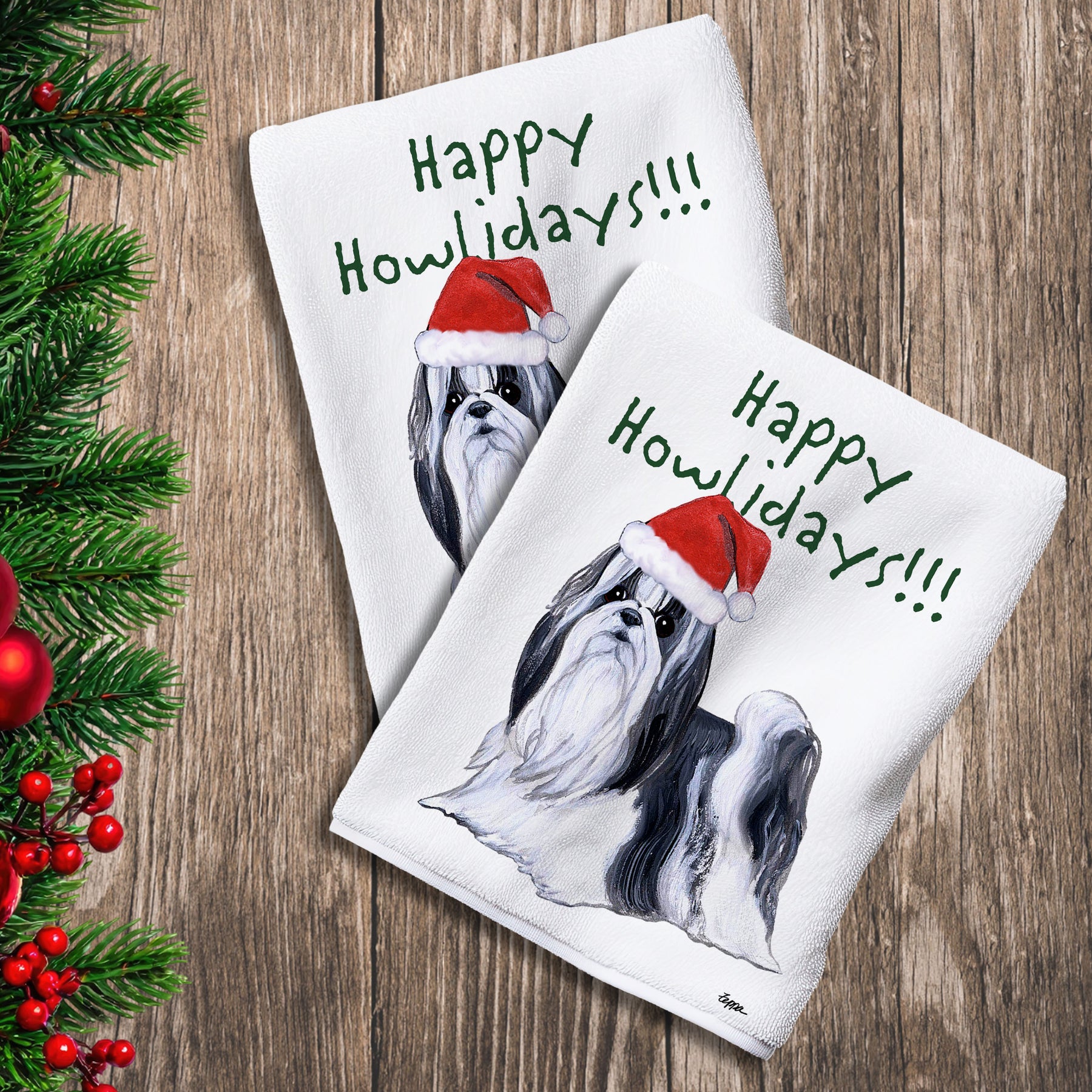 2 Kitchen Towels with a Shih Tzu in a Santa Hat and Happy Howlidays text.
