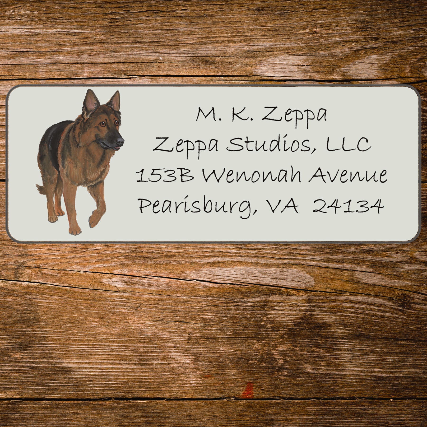 Return address label with a Shiloh Shepherd illustration.