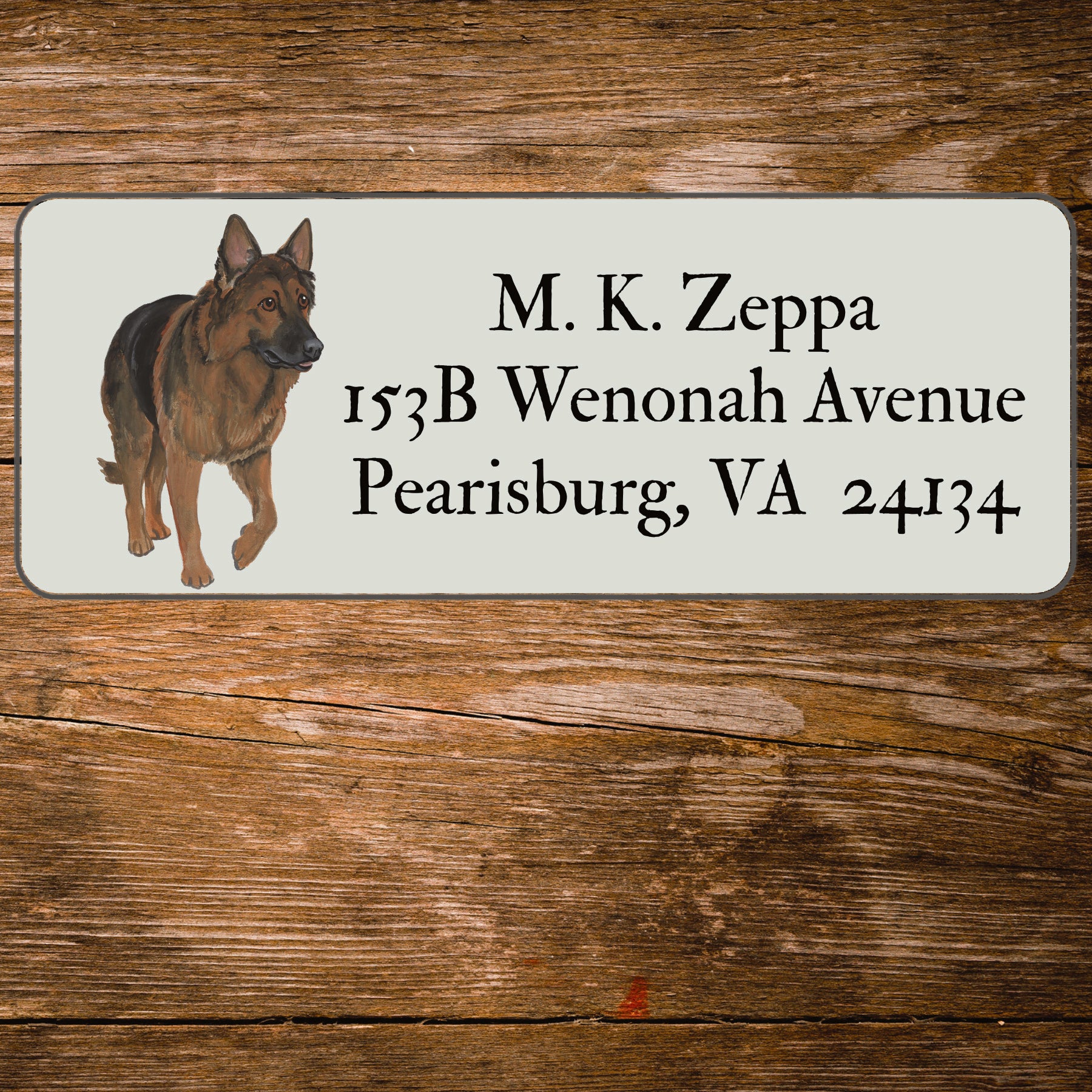 Return address label with a Shiloh Shepherd illustration.