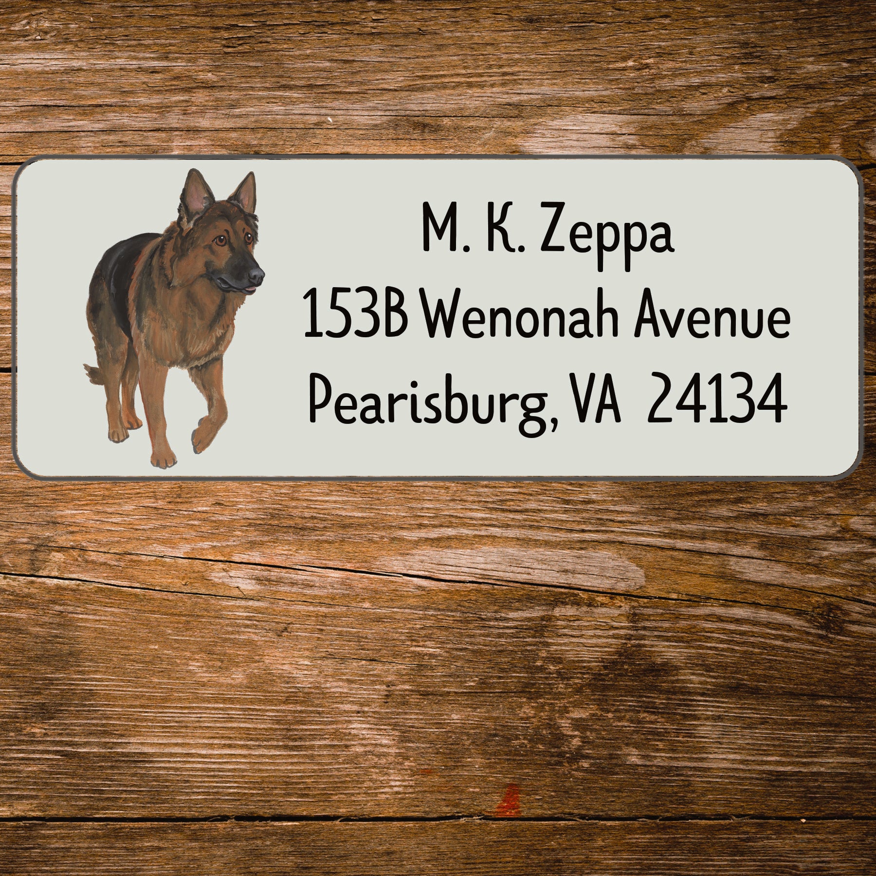 Return address label with a Shiloh Shepherd illustration.