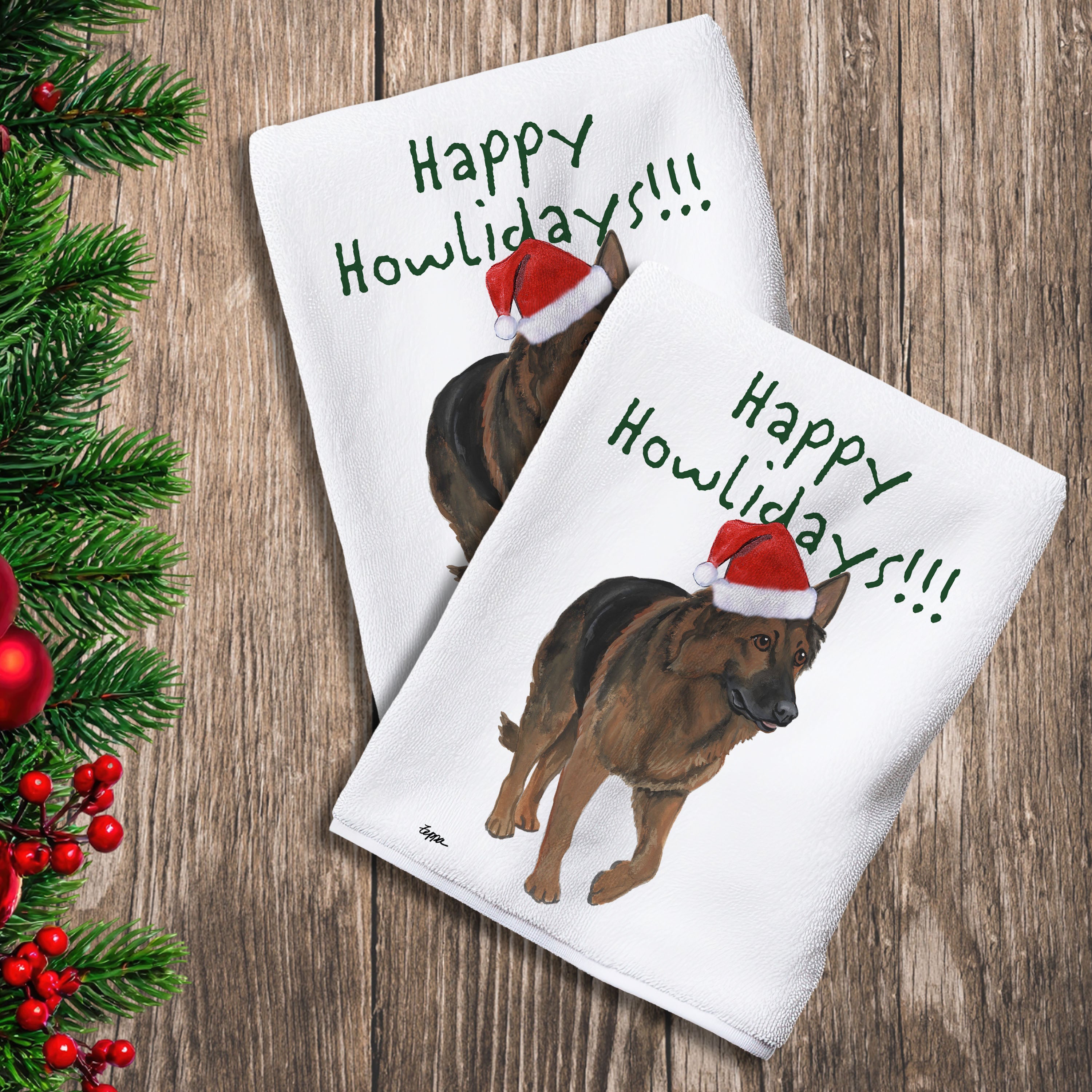 2 Kitchen Towels with a Shiloh Shepherd in a Santa Hat and Happy Howlidays text.