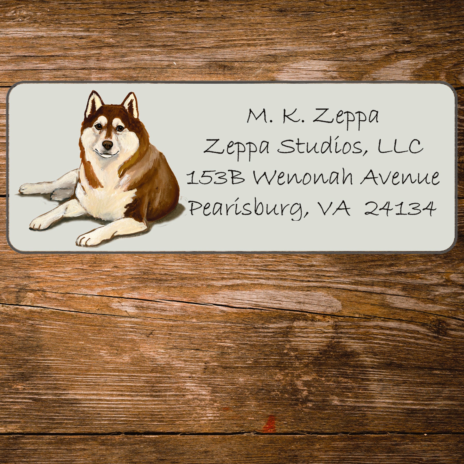 Return address label with a Siberian Husky illustration.