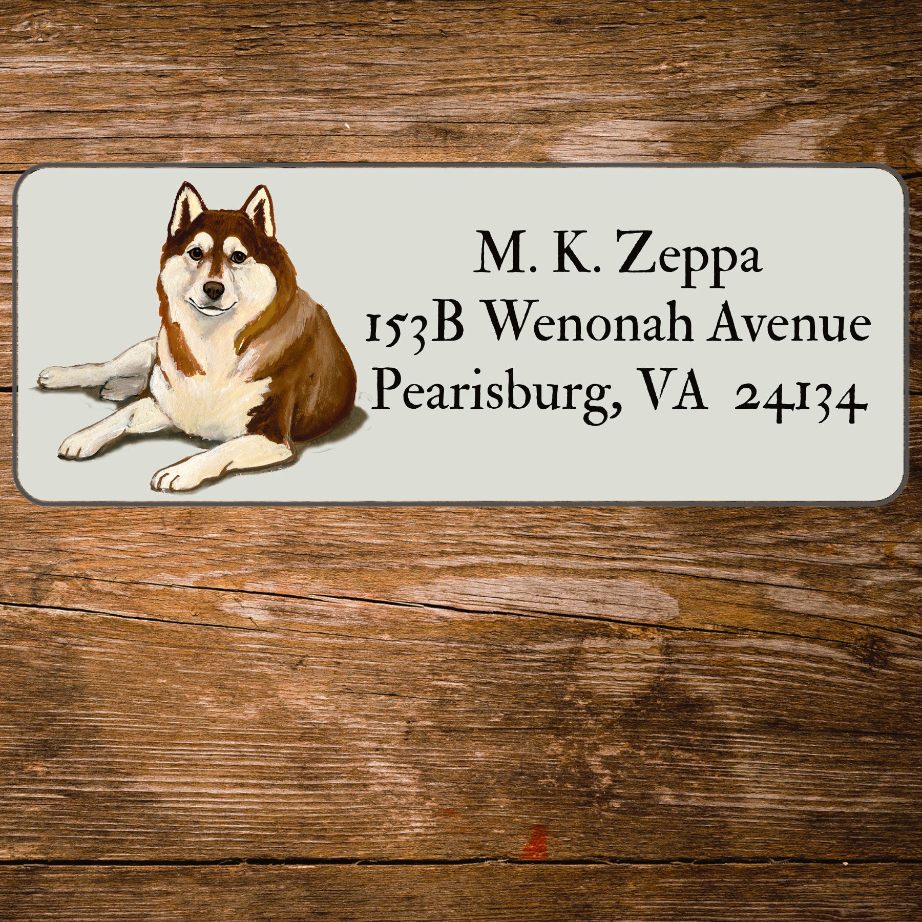 Return address label with a Siberian Husky illustration.