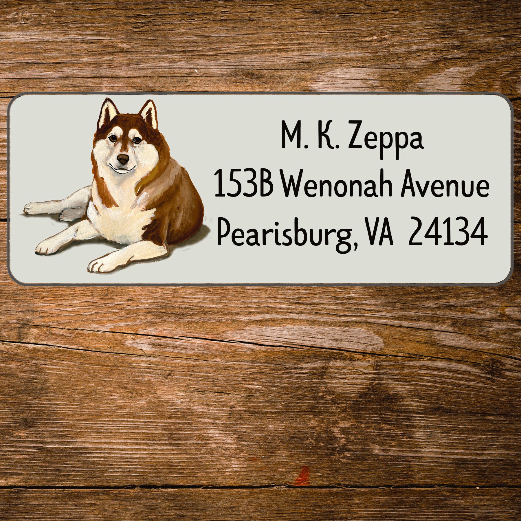 Return address label with a Siberian Husky illustration.