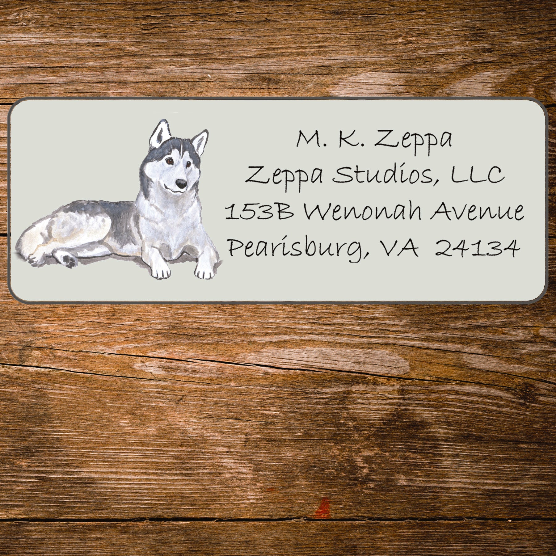 Return address label with a Siberian Husky illustration.