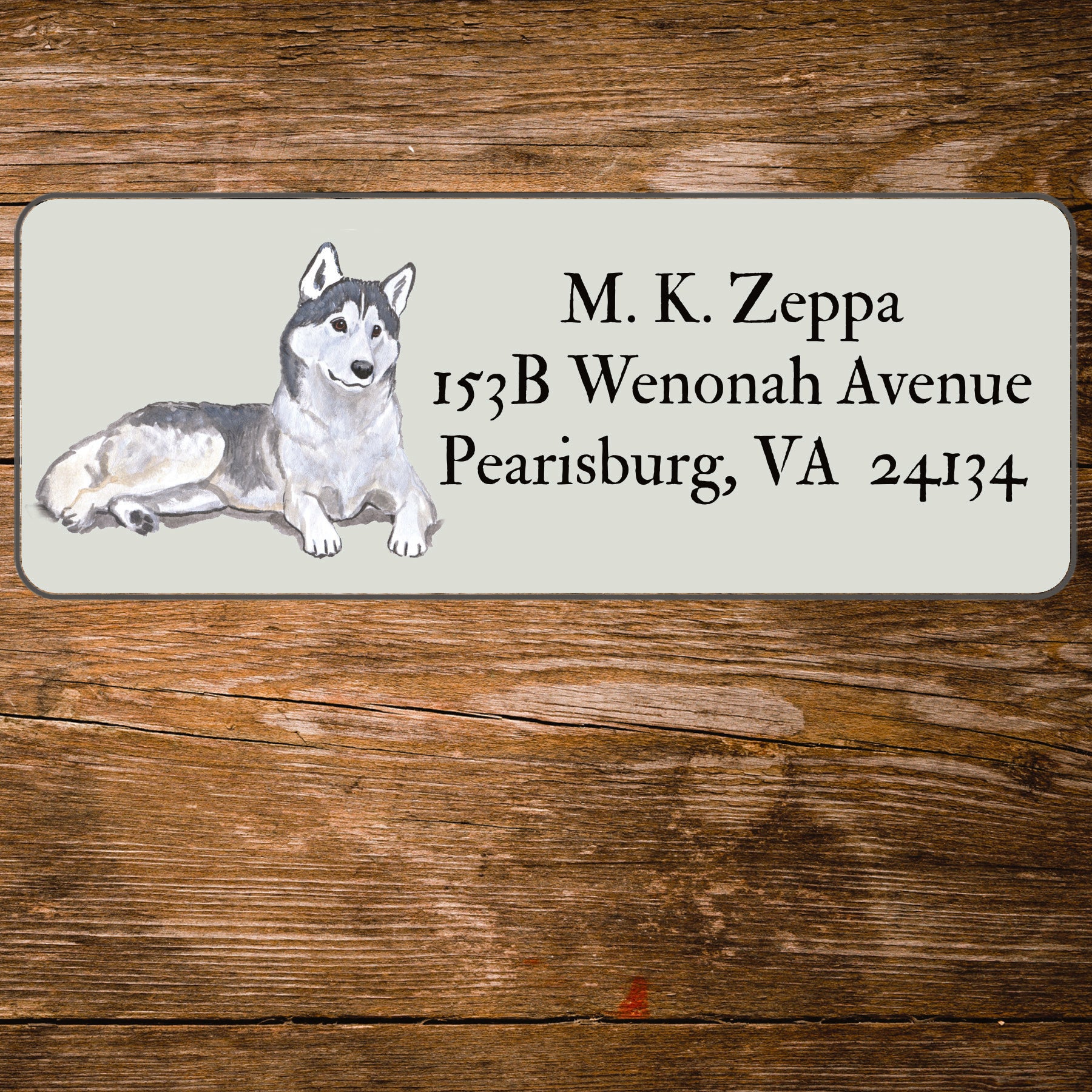 Return address label with a Siberian Husky illustration.